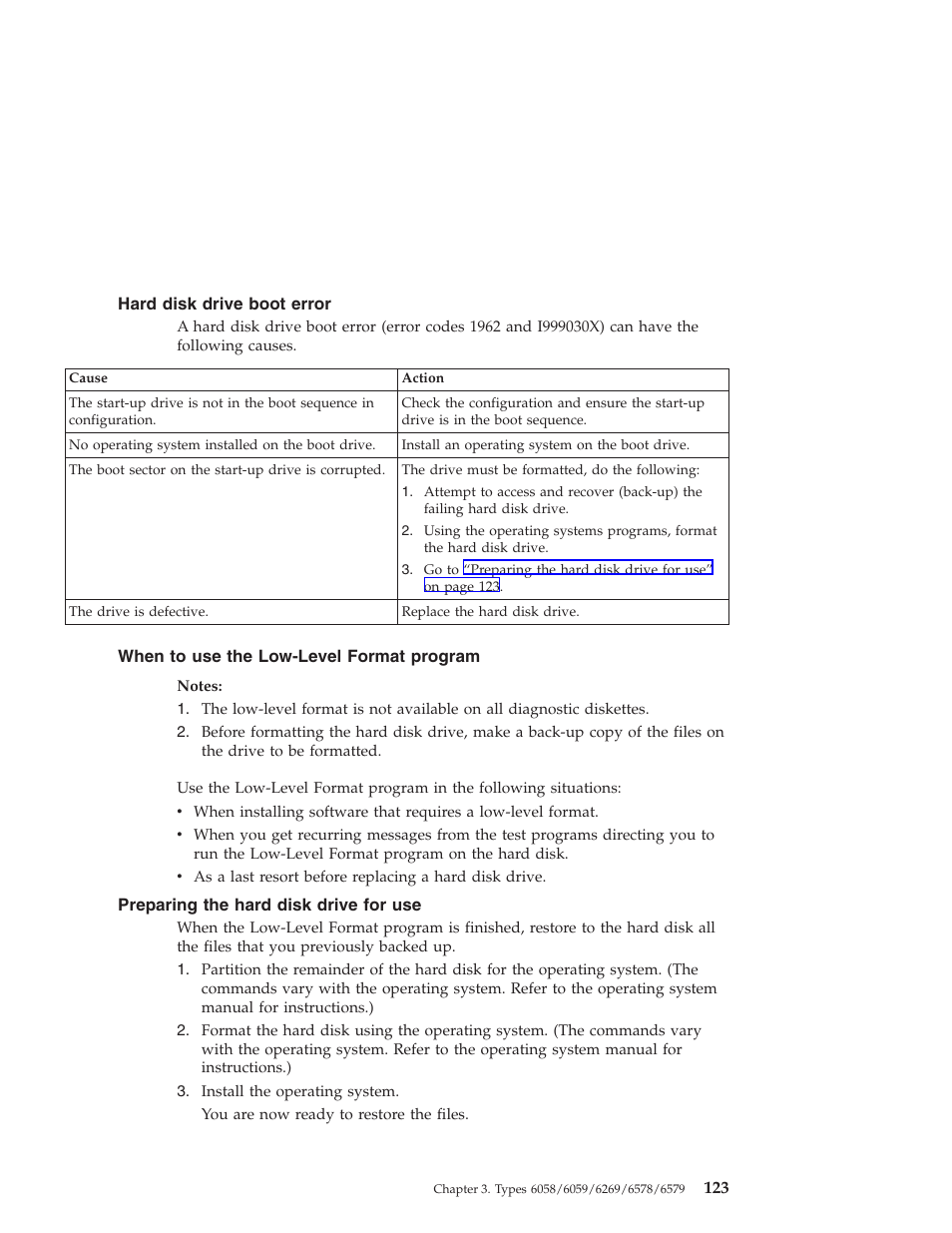 Hard disk drive boot error, When to use the low-level format program, Preparing the hard disk drive for use | IBM 6648 User Manual | Page 137 / 248