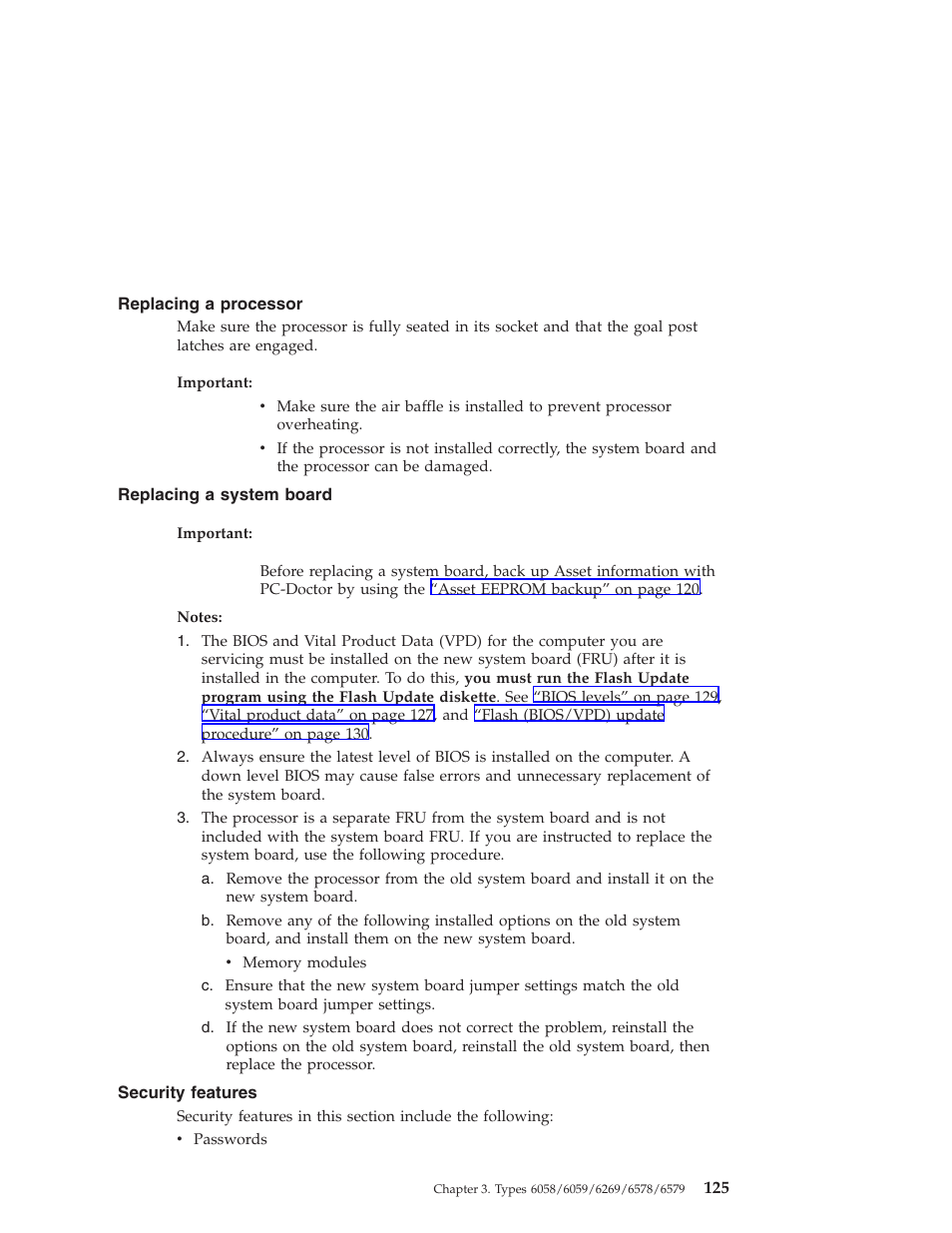 Replacing a processor, Replacing a system board, Security features | IBM 6648 User Manual | Page 139 / 248