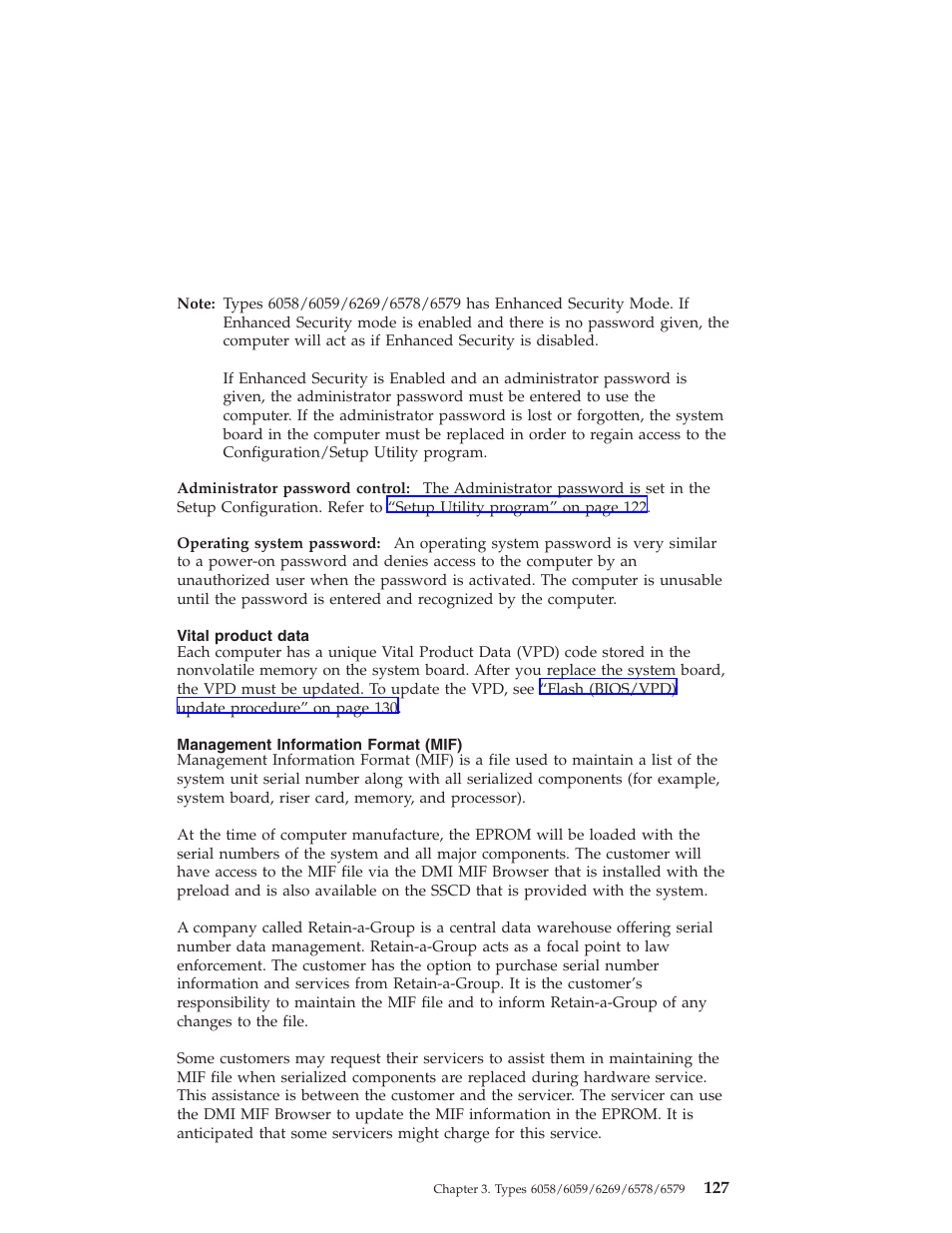 Administrator password control, Operating system password, Vital product data | Management information format (mif) | IBM 6648 User Manual | Page 141 / 248