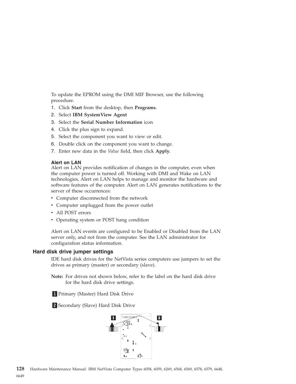 Alert on lan, Hard disk drive jumper settings | IBM 6648 User Manual | Page 142 / 248