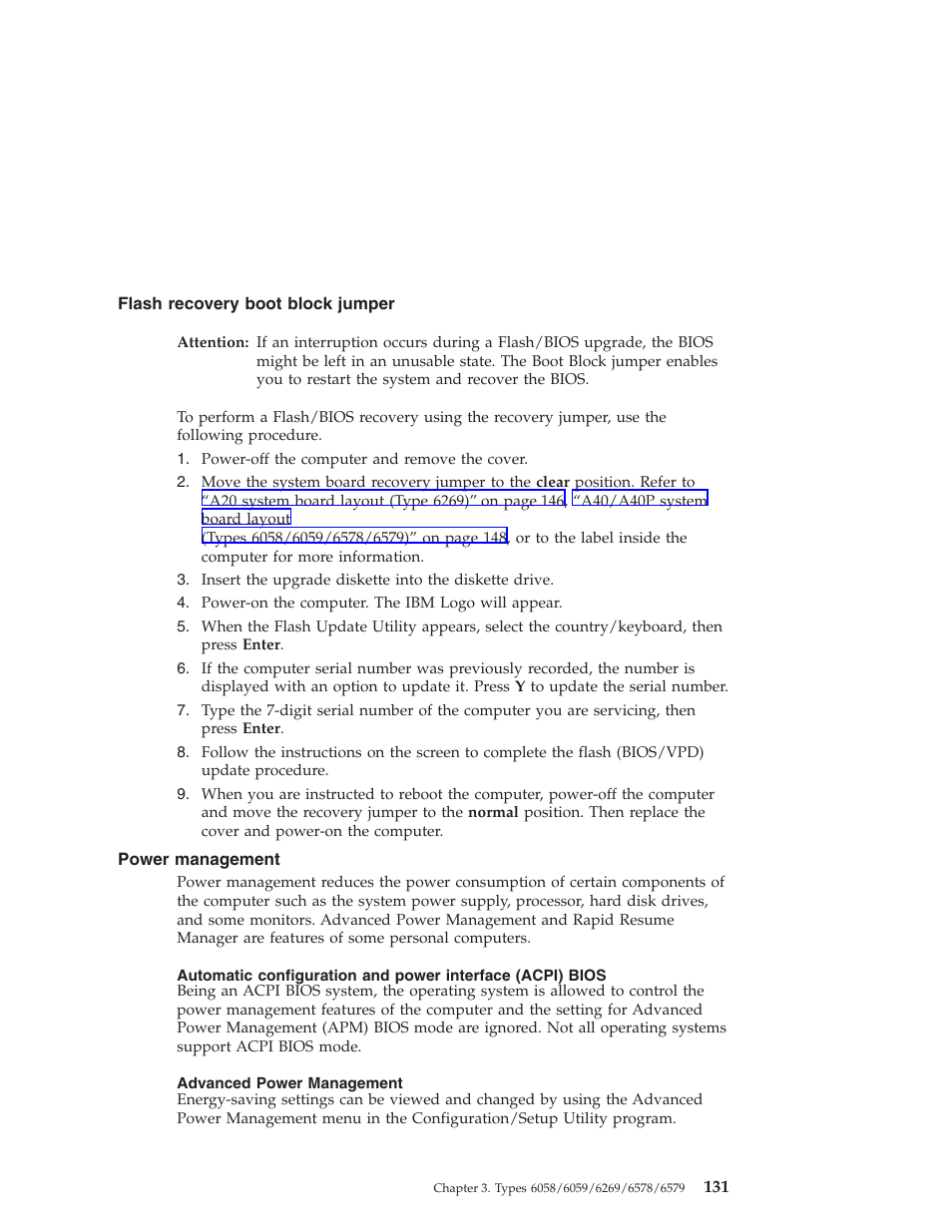Flash recovery boot block jumper, Power management, Advanced power management | IBM 6648 User Manual | Page 145 / 248
