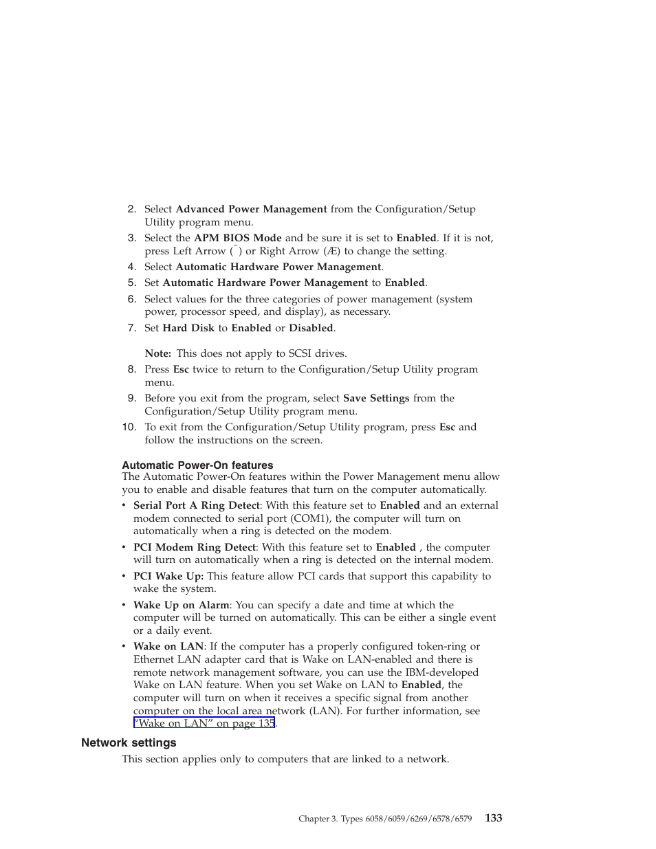 Automatic power-on features, Network settings | IBM 6648 User Manual | Page 147 / 248