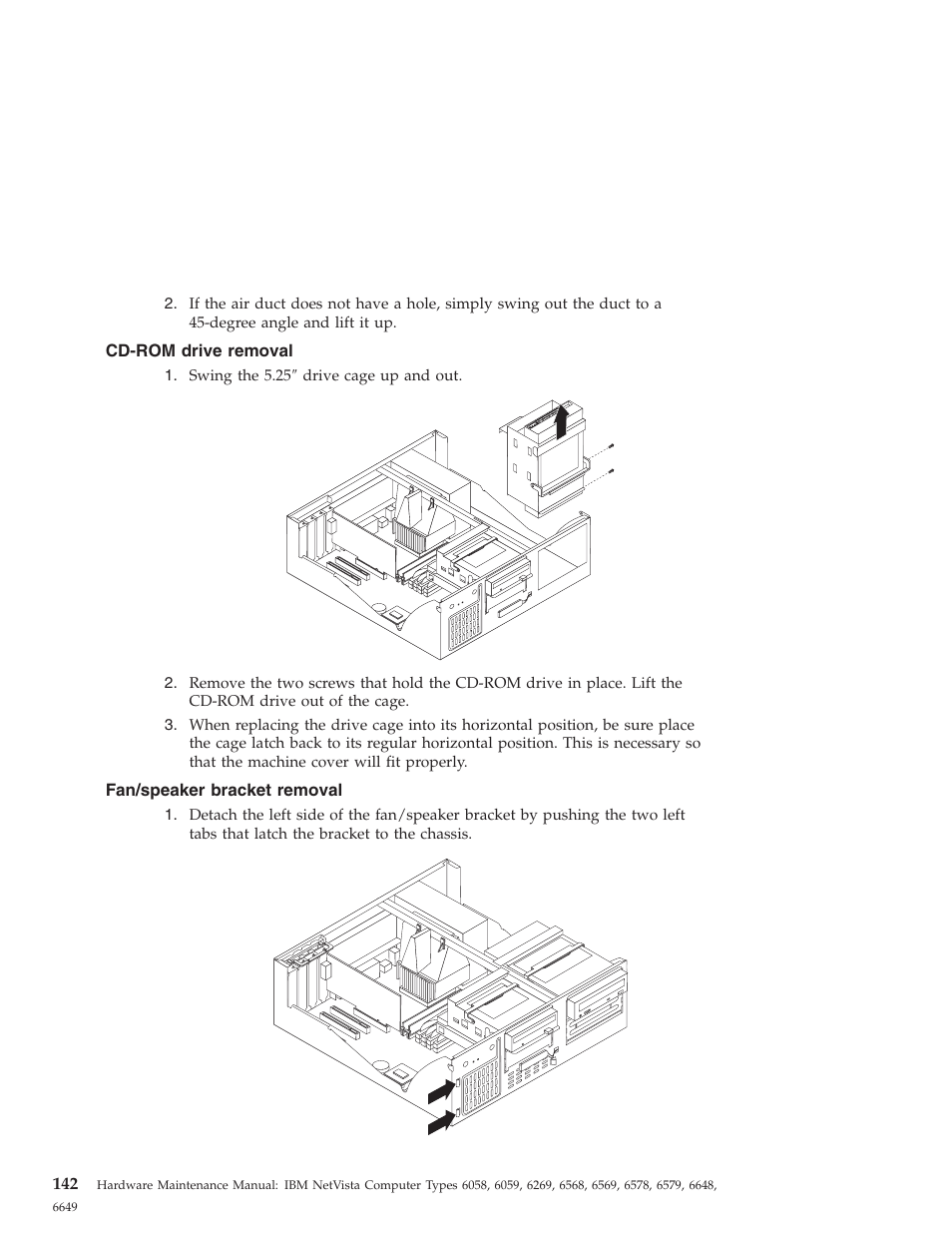 Cd-rom drive removal, Fan/speaker bracket removal | IBM 6648 User Manual | Page 156 / 248