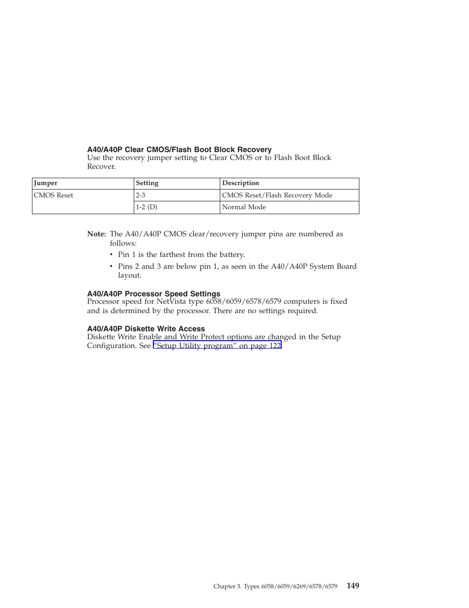 A40/a40p clear cmos/flash boot block recovery, A40/a40p processor speed settings, A40/a40p diskette write access | IBM 6648 User Manual | Page 163 / 248