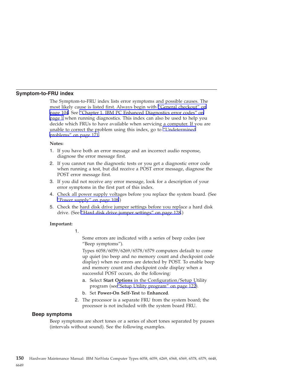 Symptom-to-fru index, Beep symptoms | IBM 6648 User Manual | Page 164 / 248