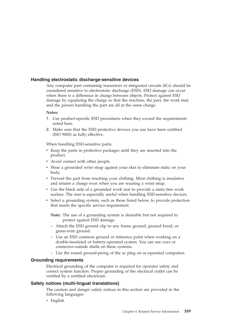 Handling electrostatic discharge-sensitive devices, Grounding requirements, Safety notices (multi-lingual translations) | IBM 6648 User Manual | Page 203 / 248