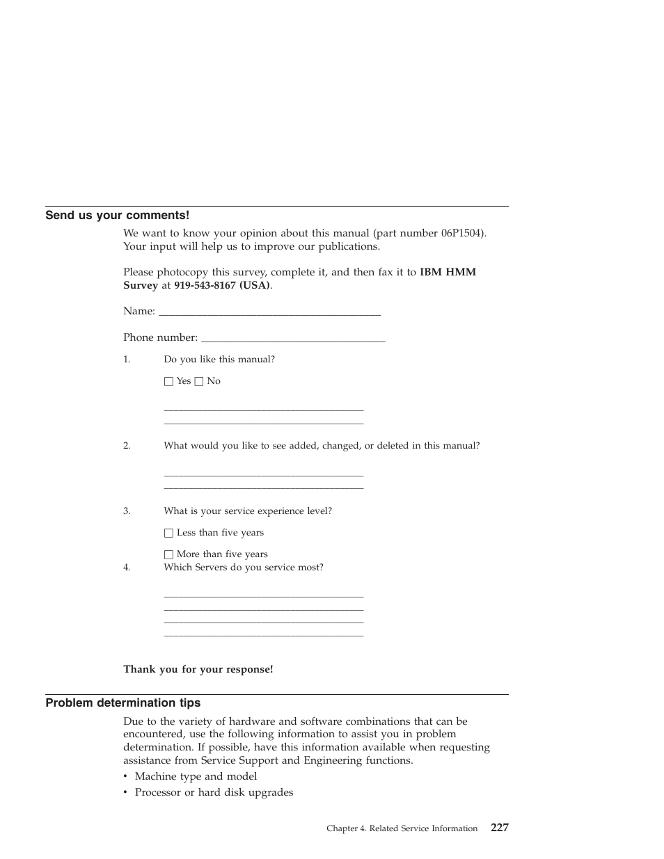 Send us your comments, Problem determination tips | IBM 6648 User Manual | Page 241 / 248