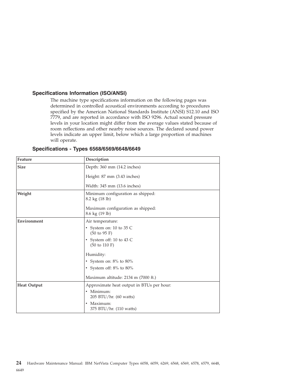 Specifications information (iso/ansi), Specifications - types 6568/6569/6648/6649 | IBM 6648 User Manual | Page 38 / 248