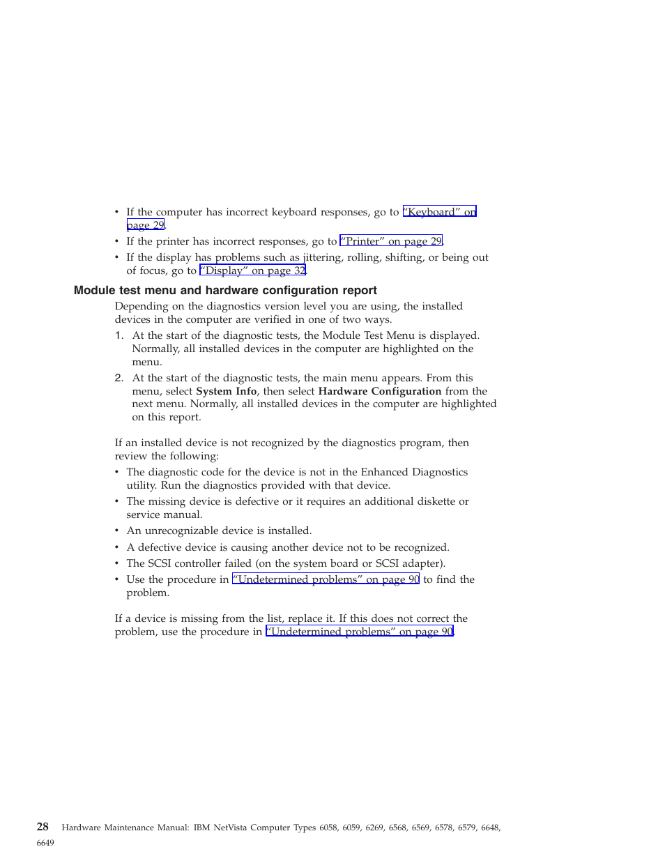 Module test menu and hardware configuration report | IBM 6648 User Manual | Page 42 / 248