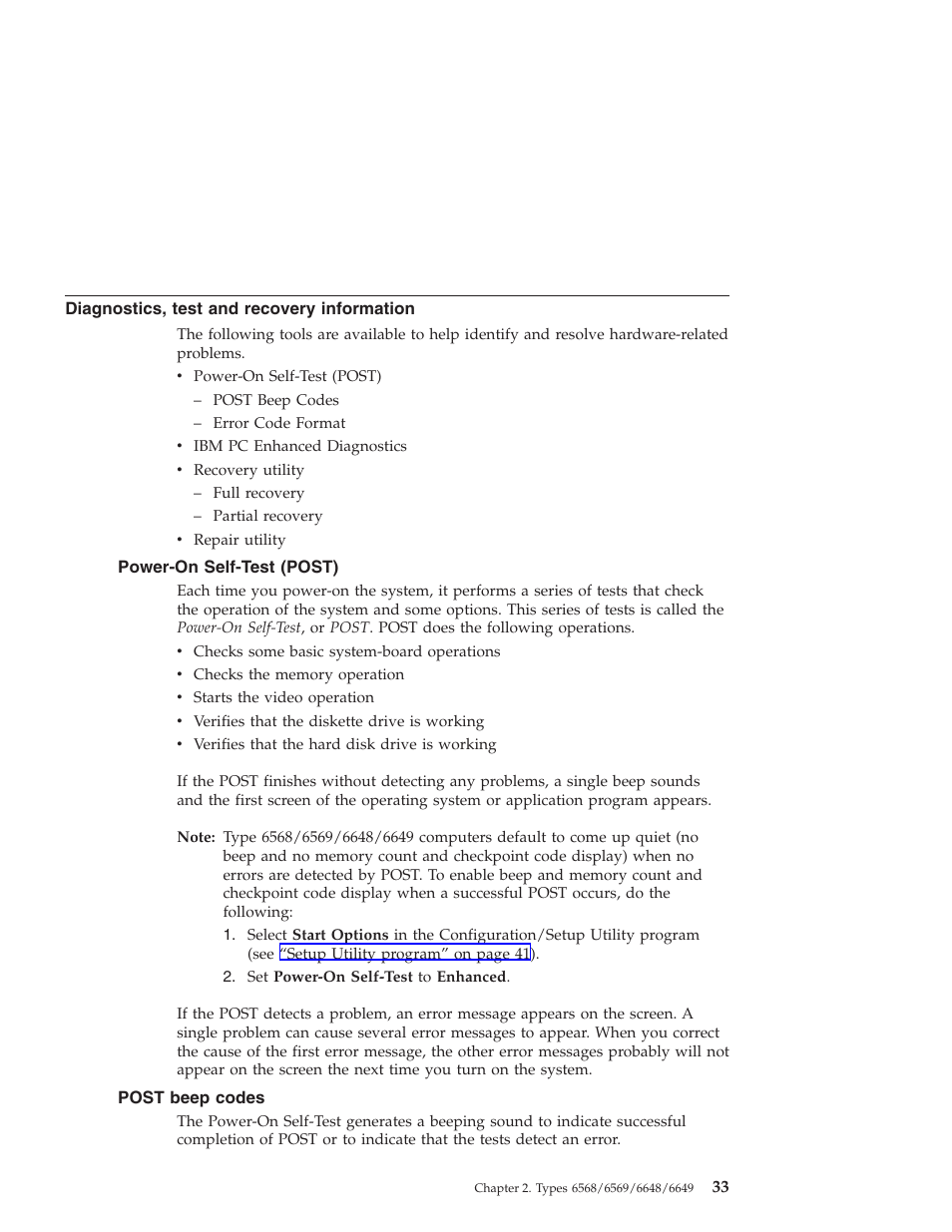Diagnostics, test and recovery information, Power-on self-test (post), Post beep codes | IBM 6648 User Manual | Page 47 / 248