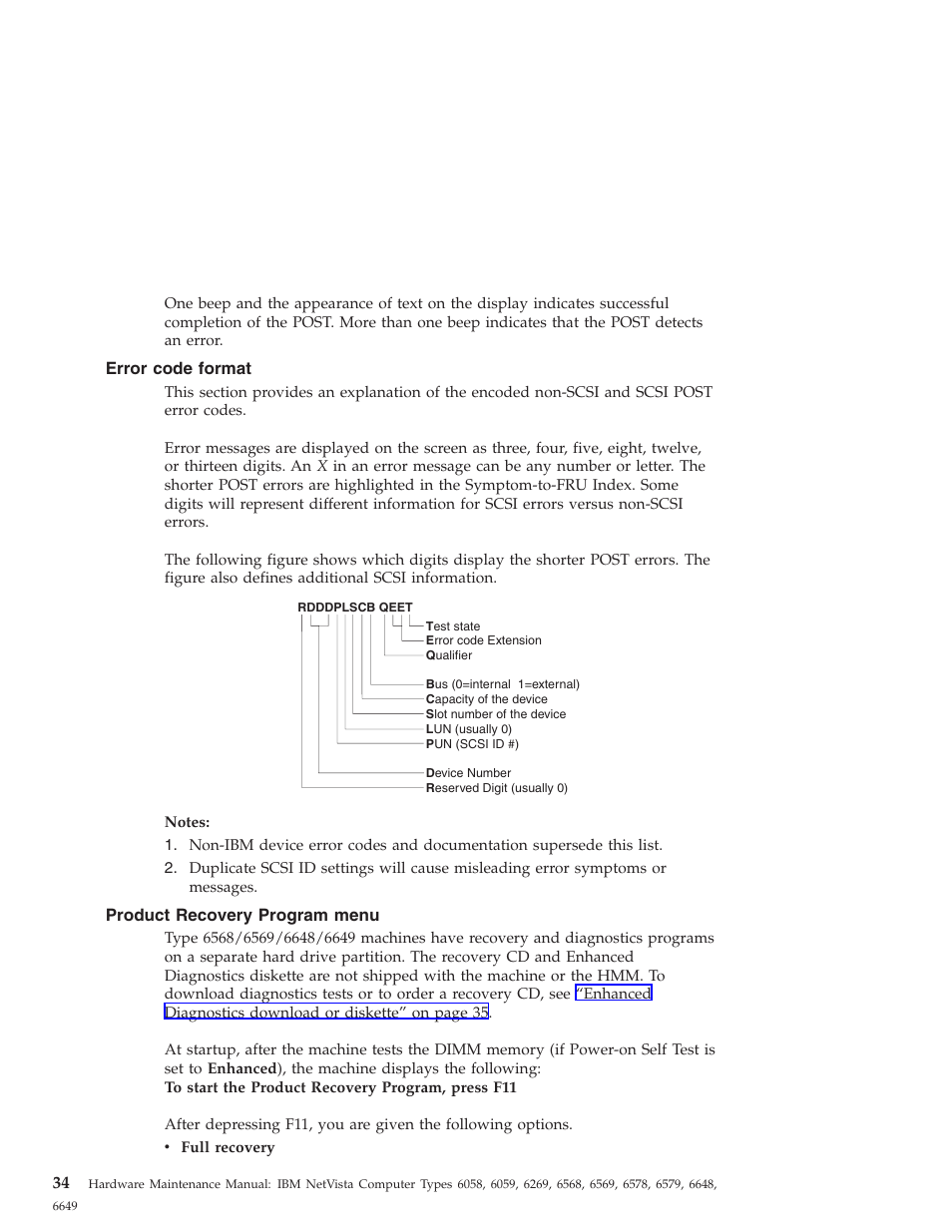 Error code format, Product recovery program menu | IBM 6648 User Manual | Page 48 / 248