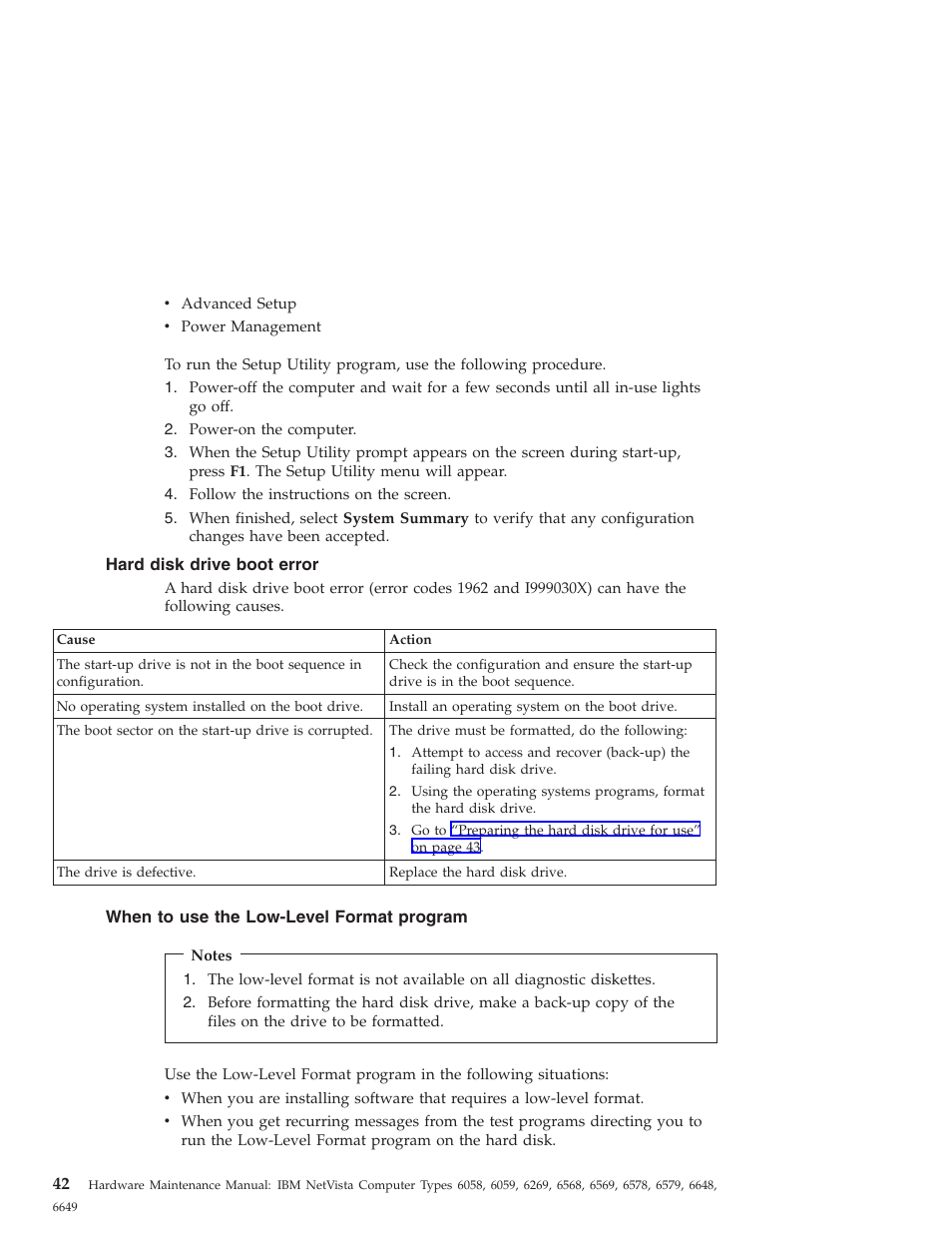 Hard disk drive boot error, When to use the low-level format program | IBM 6648 User Manual | Page 56 / 248