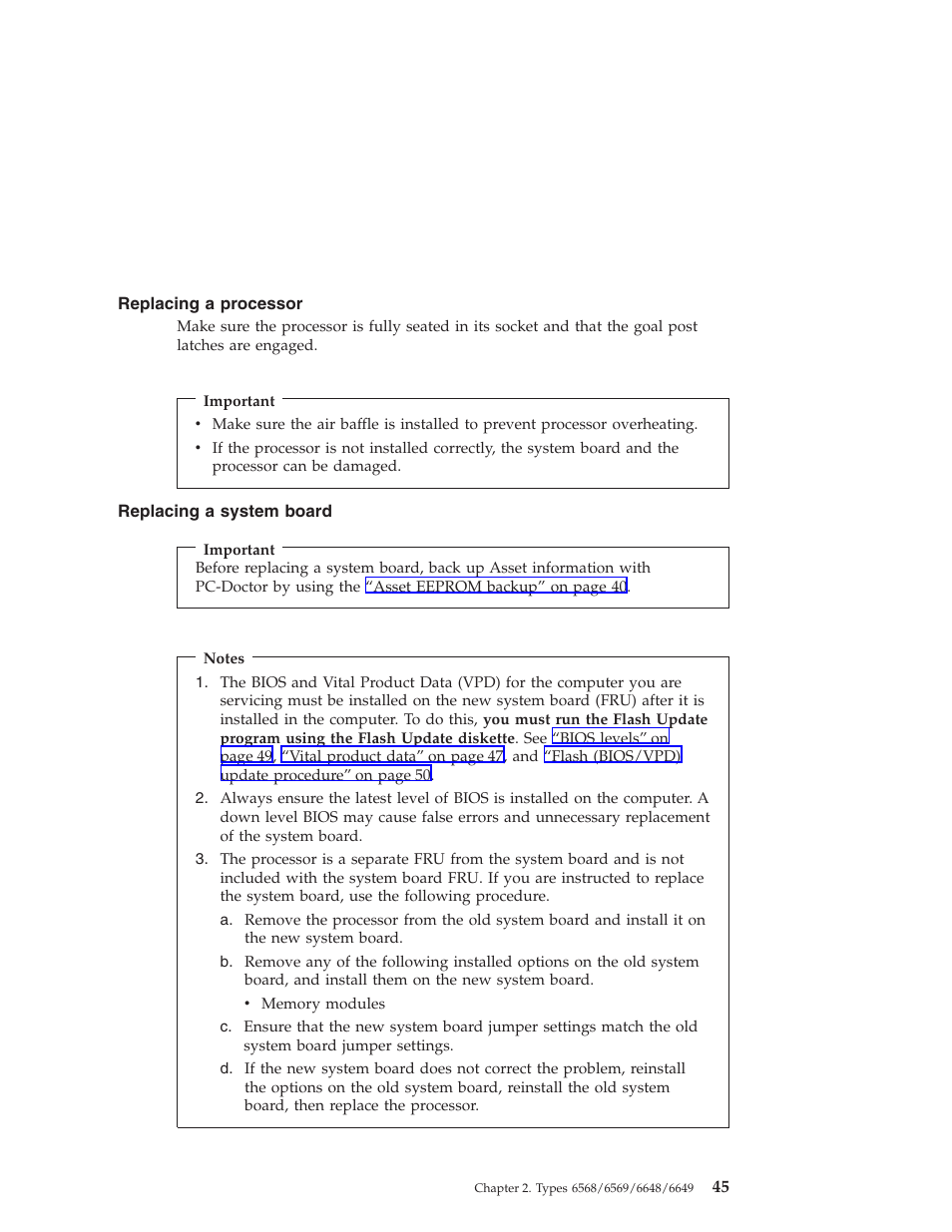 Replacing a processor, Replacing a system board | IBM 6648 User Manual | Page 59 / 248