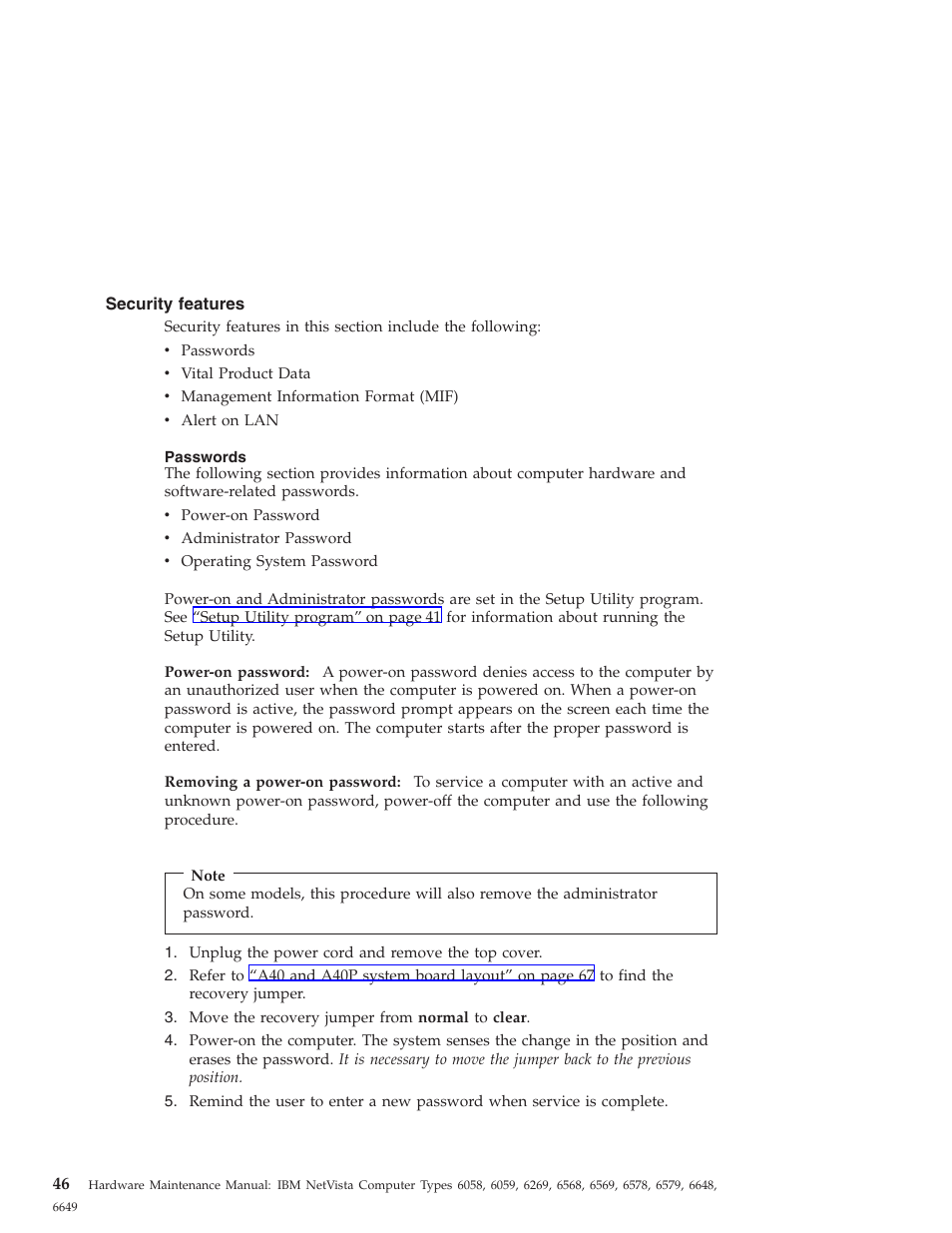 Security features, Passwords, Power-on password | Removing a power-on password | IBM 6648 User Manual | Page 60 / 248
