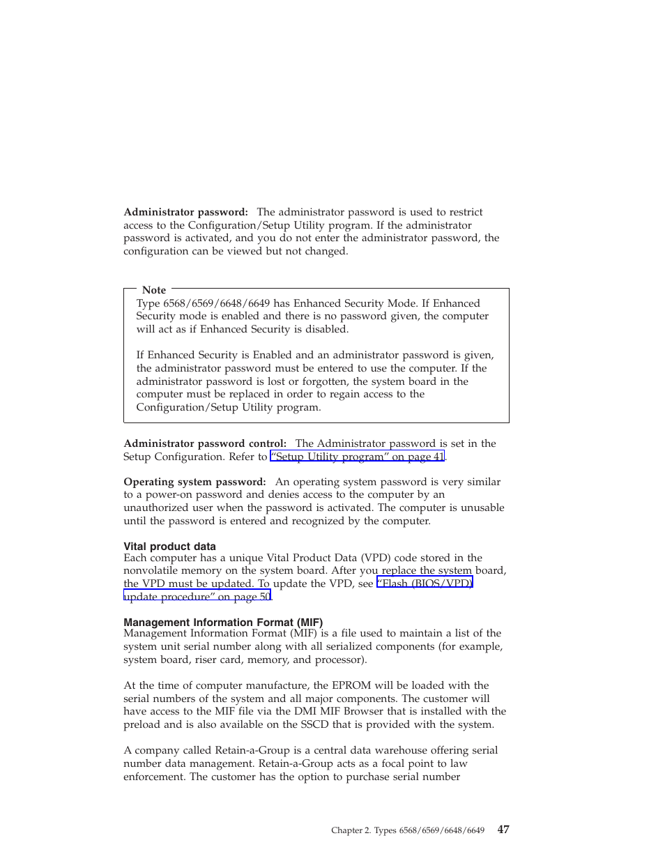 Administrator password, Administrator password control, Operating system password | Vital product data, Management information format (mif), Management information format (mif) 47 | IBM 6648 User Manual | Page 61 / 248