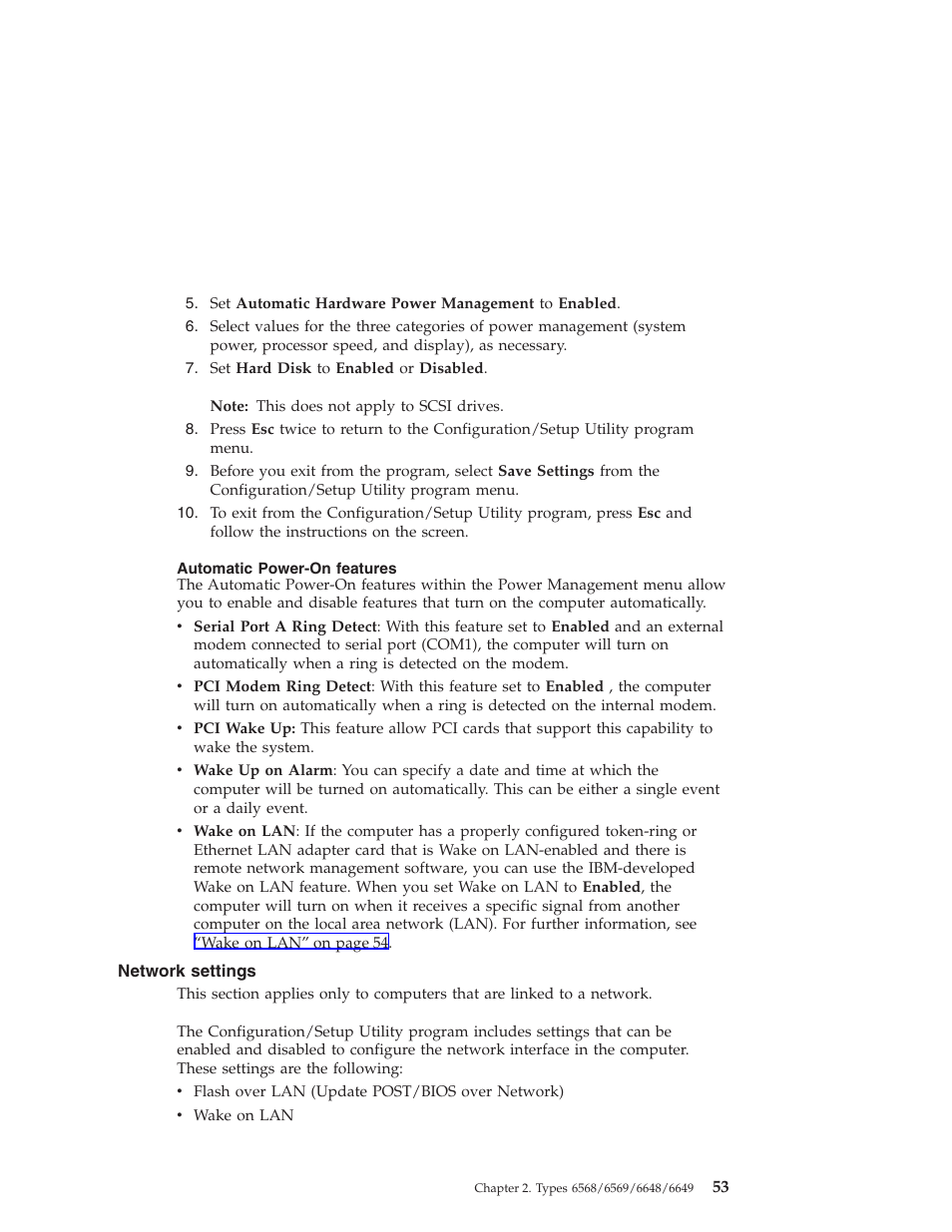 Automatic power-on features, Network settings | IBM 6648 User Manual | Page 67 / 248