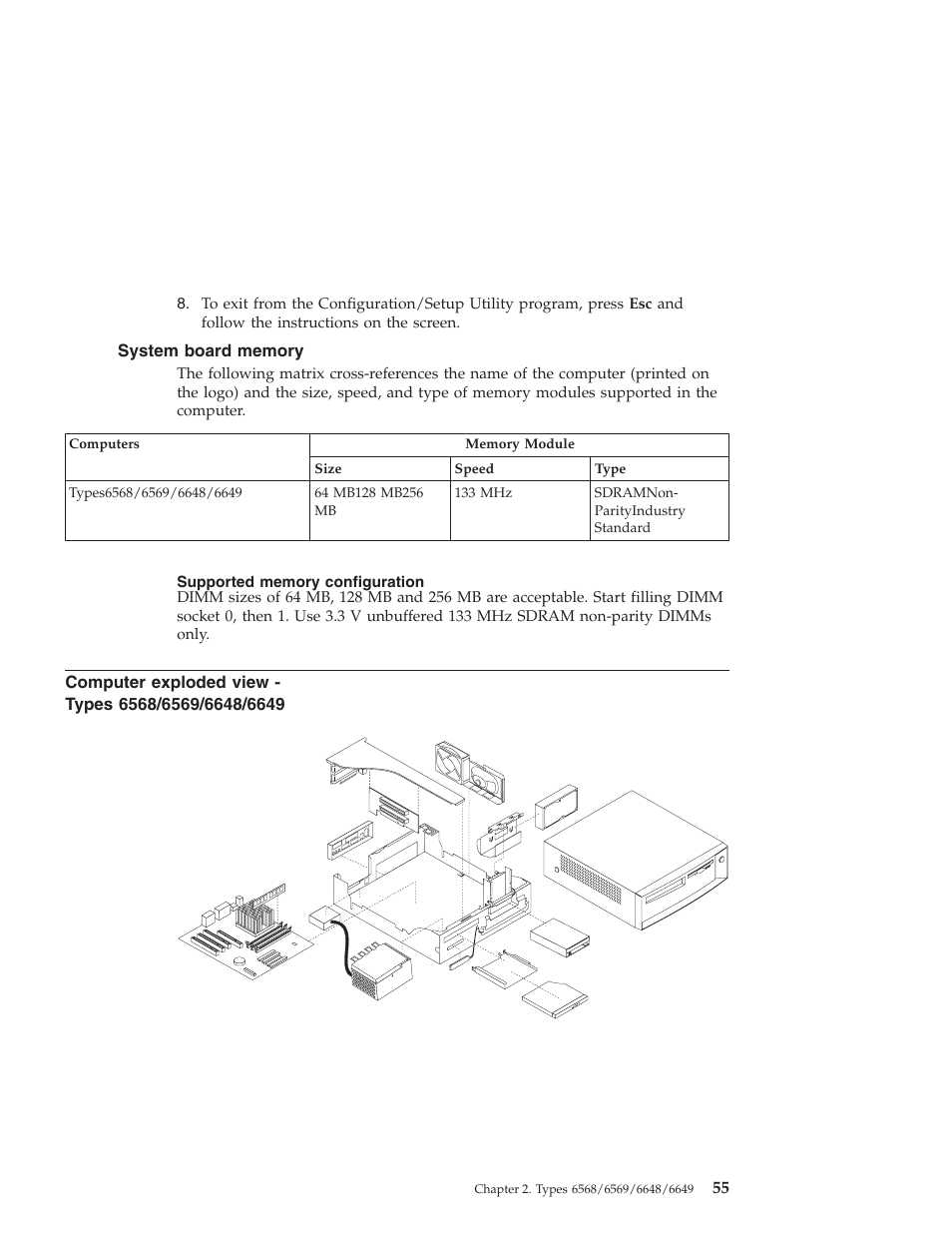 System board memory, Supported memory configuration, Computer exploded view - types 6568/6569/6648/6649 | IBM 6648 User Manual | Page 69 / 248