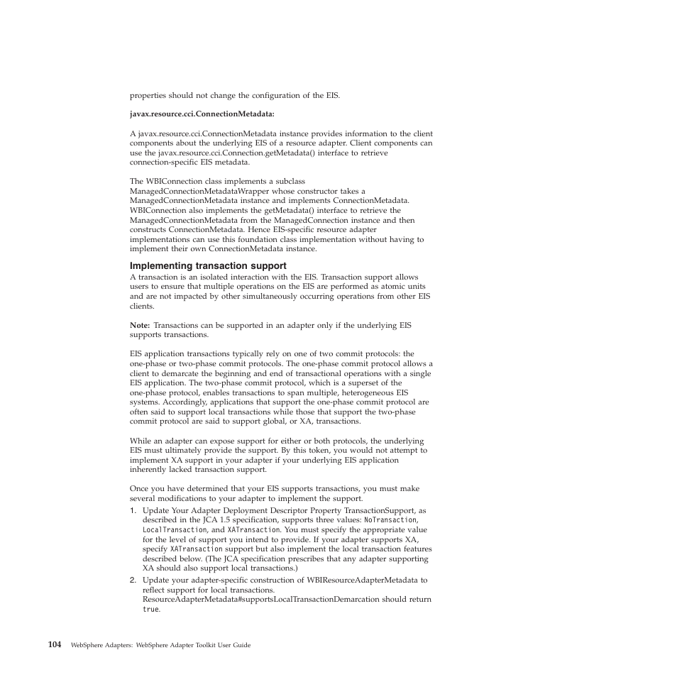 Implementing transaction support | IBM WebSphere Adapters User Manual | Page 110 / 226