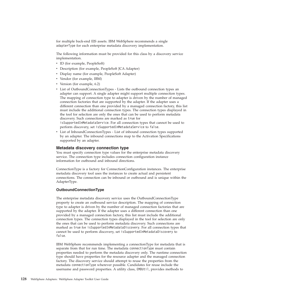Metadata discovery connection type | IBM WebSphere Adapters User Manual | Page 134 / 226