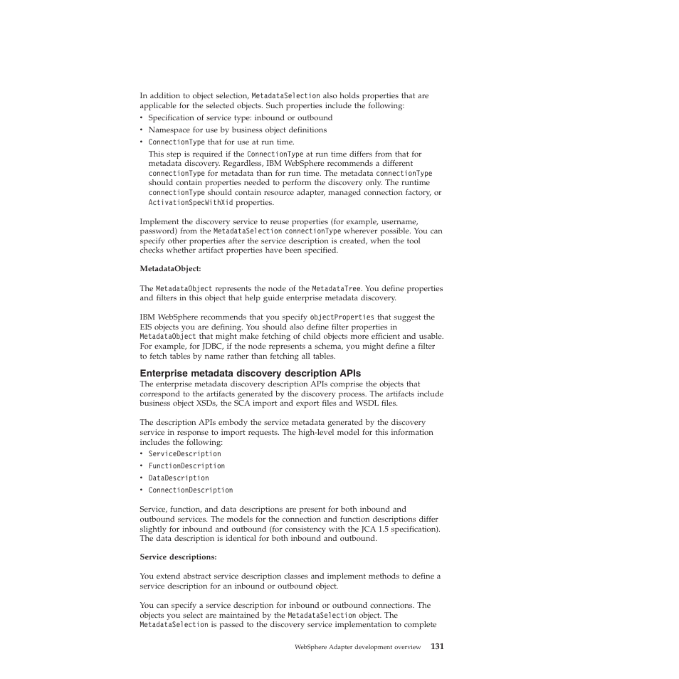Enterprise metadata discovery description apis | IBM WebSphere Adapters User Manual | Page 137 / 226