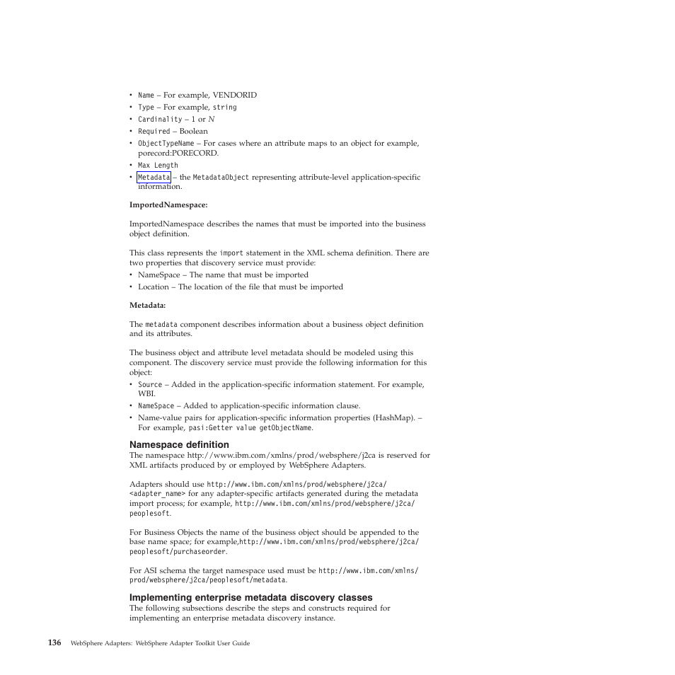 Namespace definition, Implementing enterprise metadata discovery classes | IBM WebSphere Adapters User Manual | Page 142 / 226