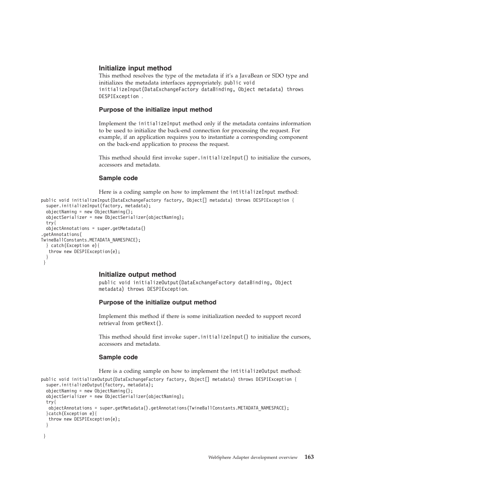 Initialize input method, Initialize output method | IBM WebSphere Adapters User Manual | Page 169 / 226