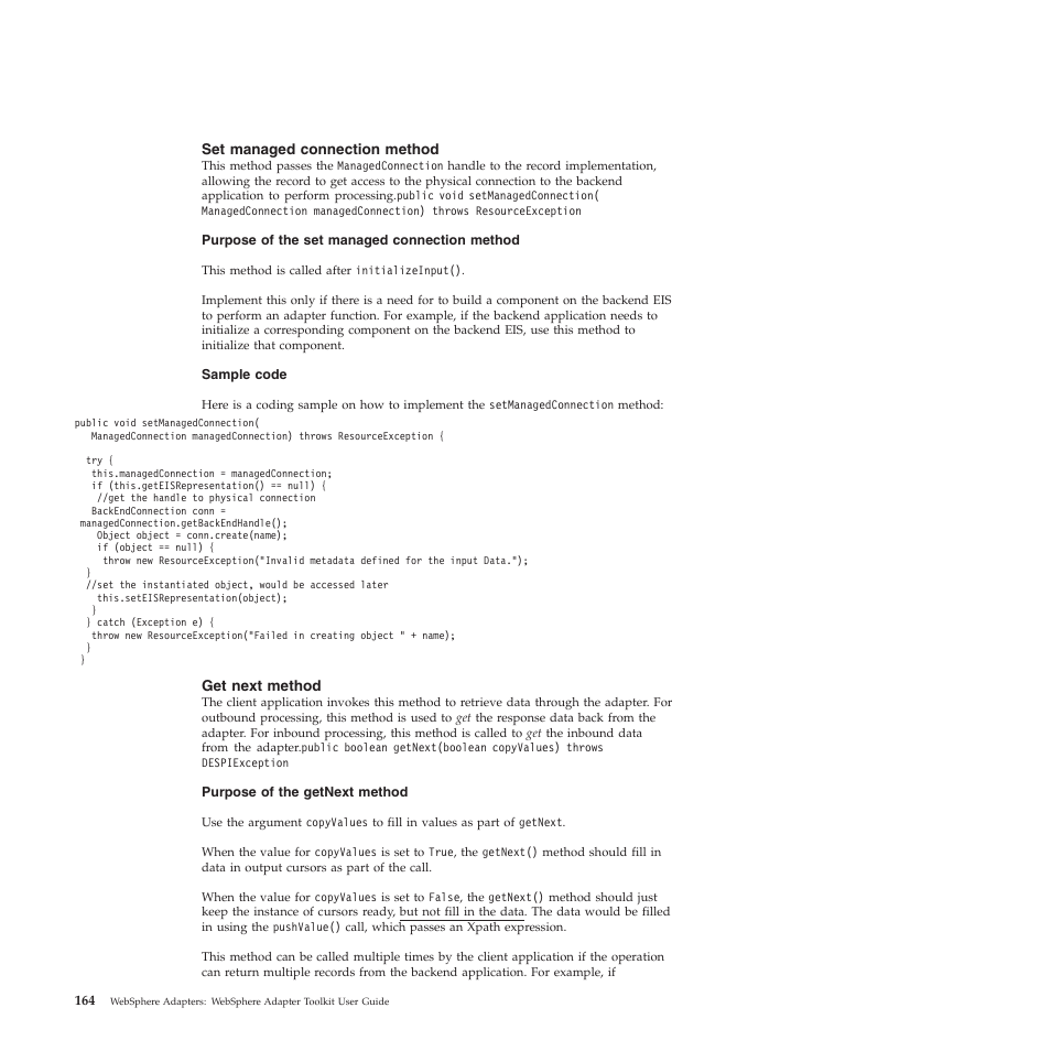 Set managed connection method, Get next method | IBM WebSphere Adapters User Manual | Page 170 / 226