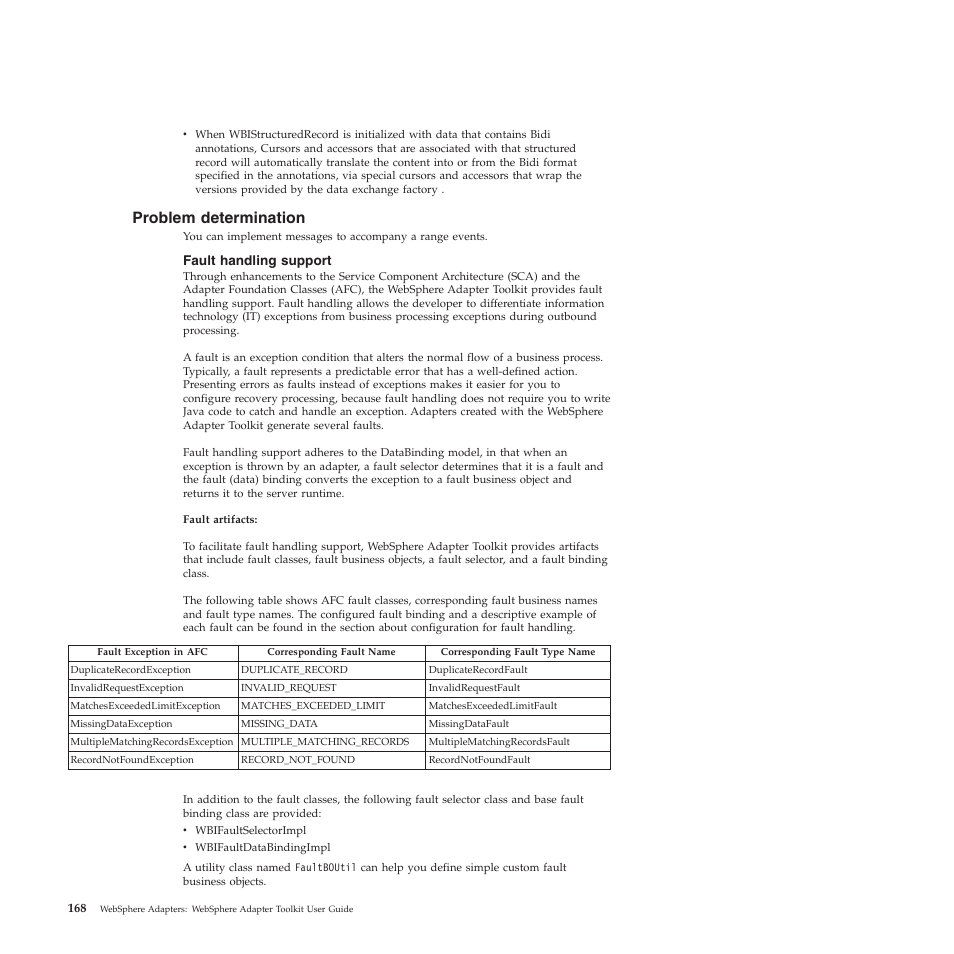 Problem determination, Fault handling support | IBM WebSphere Adapters User Manual | Page 174 / 226