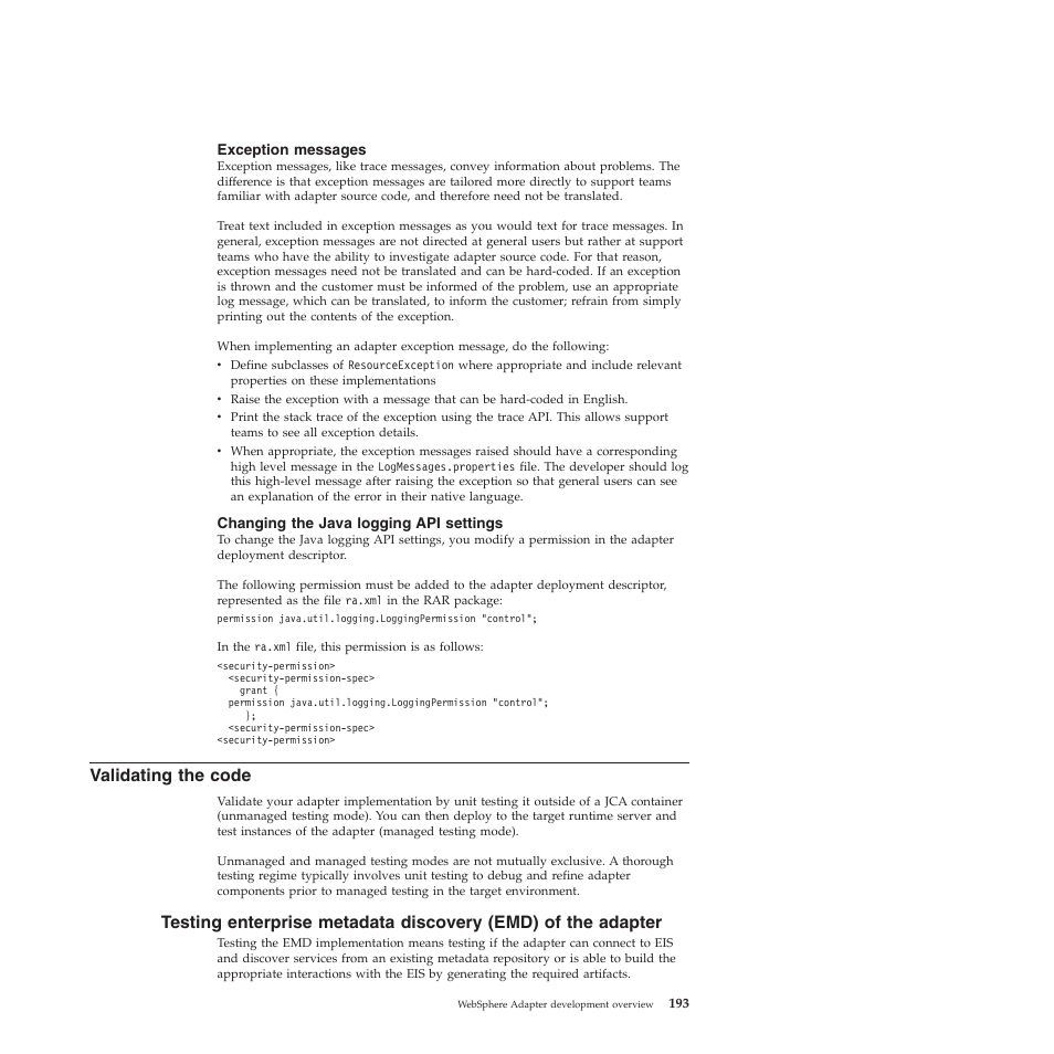 Exception messages, Changing the java logging api settings, Validating the code | Validating code | IBM WebSphere Adapters User Manual | Page 199 / 226