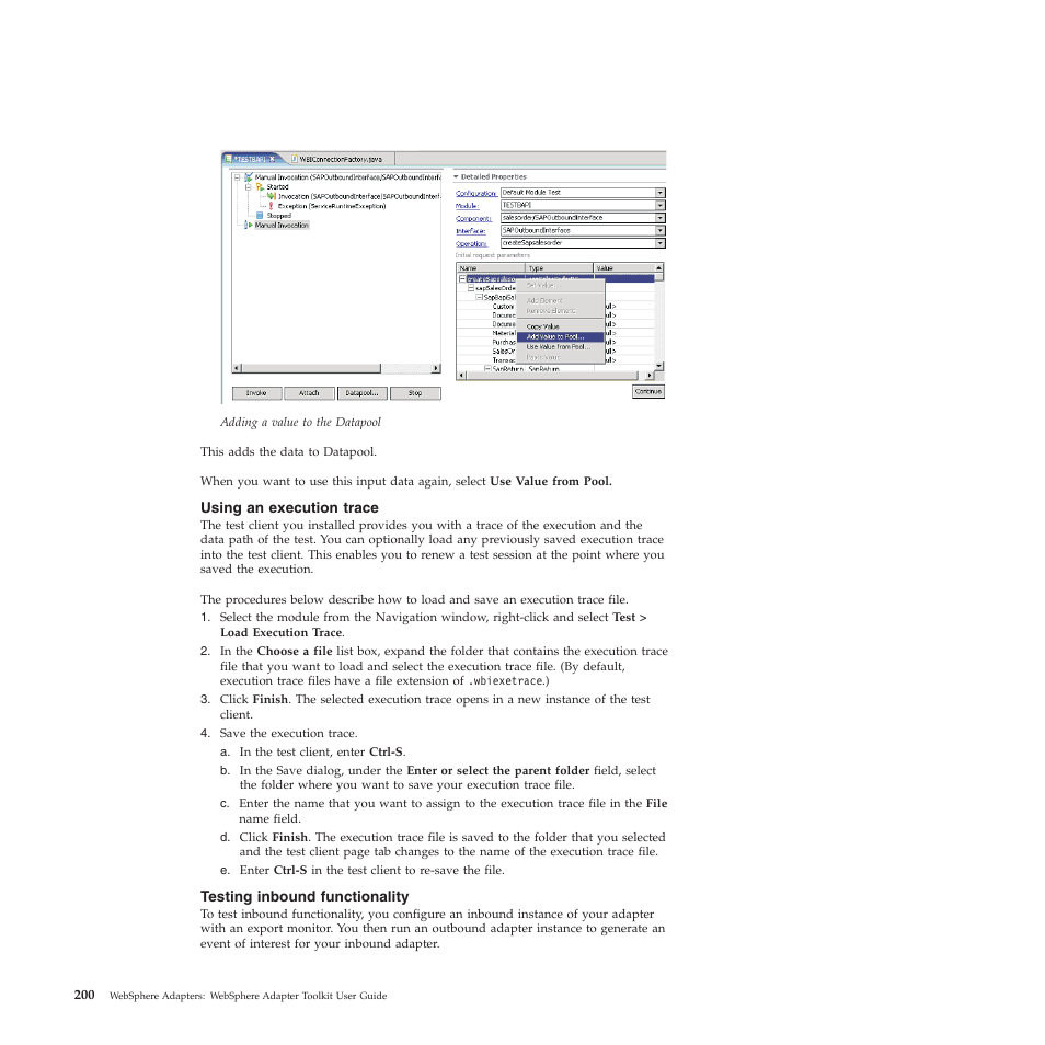 Using an execution trace, Testing inbound functionality | IBM WebSphere Adapters User Manual | Page 206 / 226