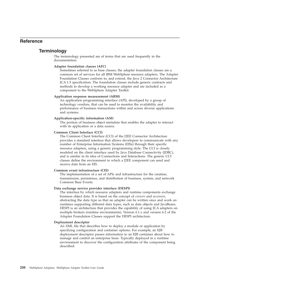 Reference, Terminology, Reference terminology | IBM WebSphere Adapters User Manual | Page 214 / 226