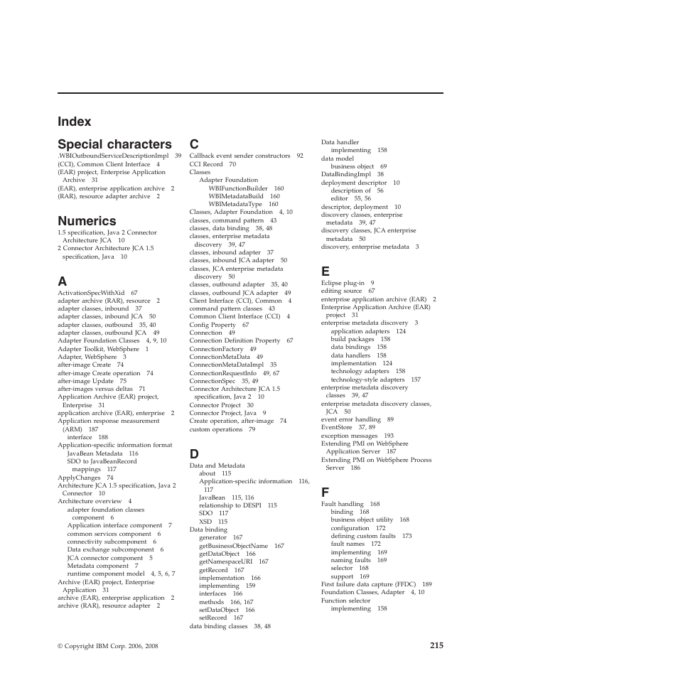 Index, Special characters, Numerics | Index special characters | IBM WebSphere Adapters User Manual | Page 221 / 226