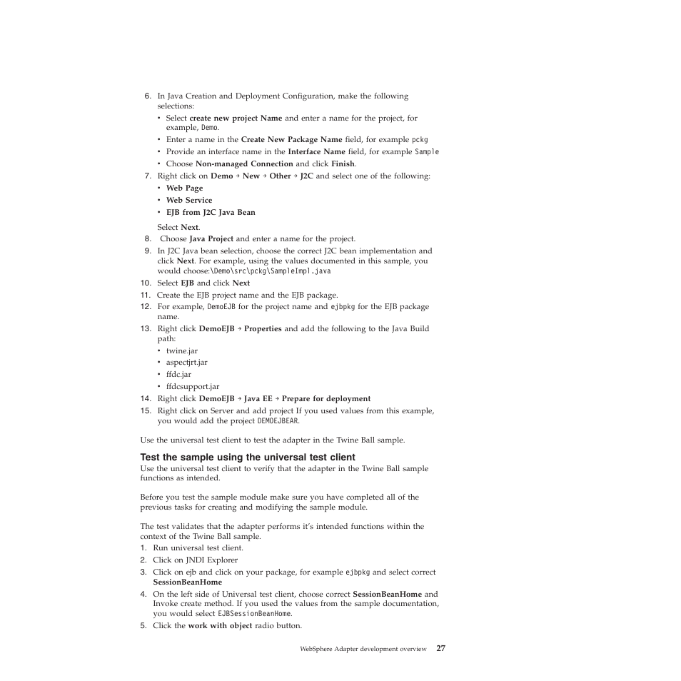 Test the sample using the universal test client | IBM WebSphere Adapters User Manual | Page 33 / 226