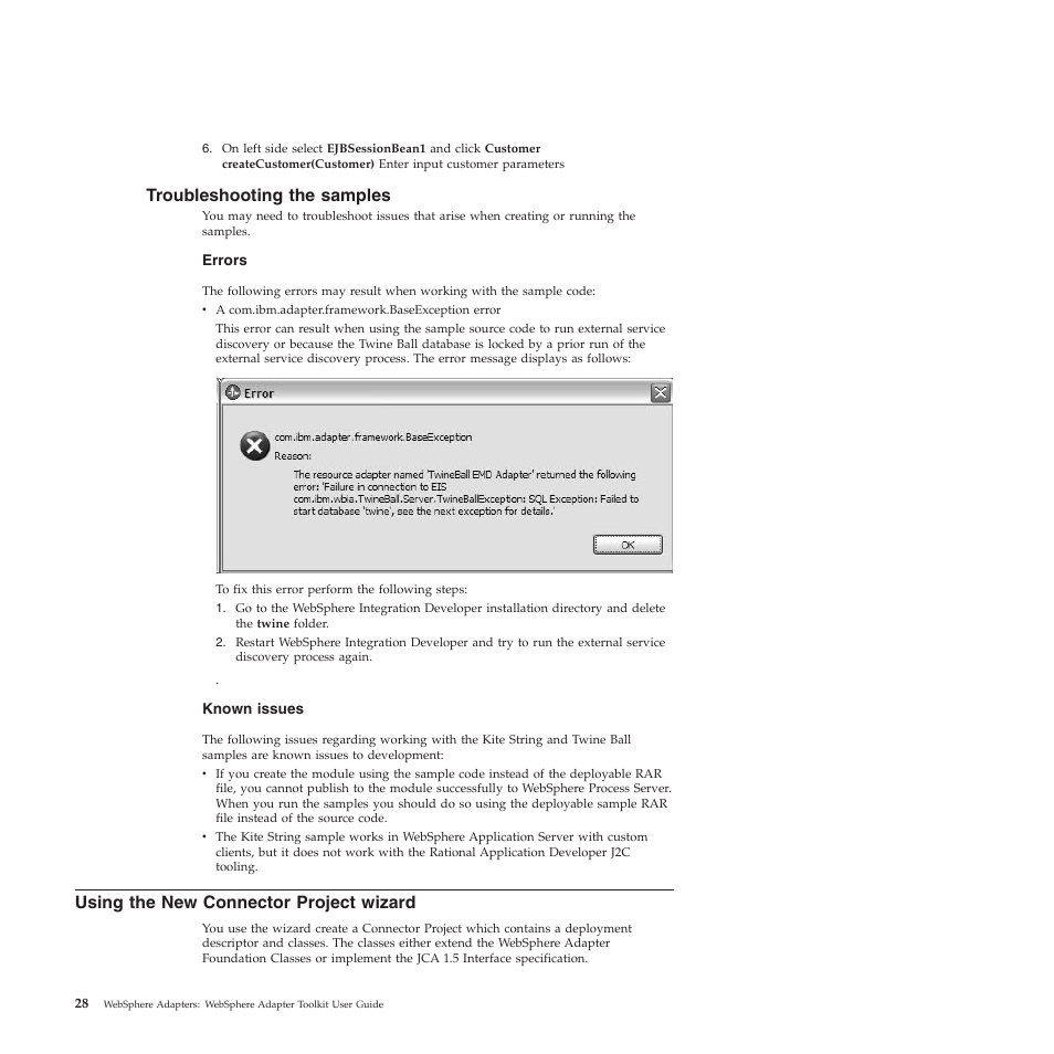 Troubleshooting the samples, Using the new connector project wizard, Using the new j2c resource adapter project wizard | IBM WebSphere Adapters User Manual | Page 34 / 226