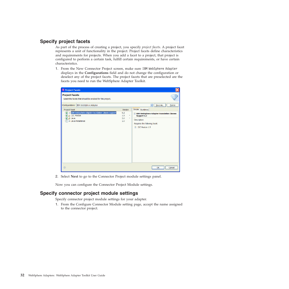 Specify project facets, Specify connector project module settings | IBM WebSphere Adapters User Manual | Page 38 / 226