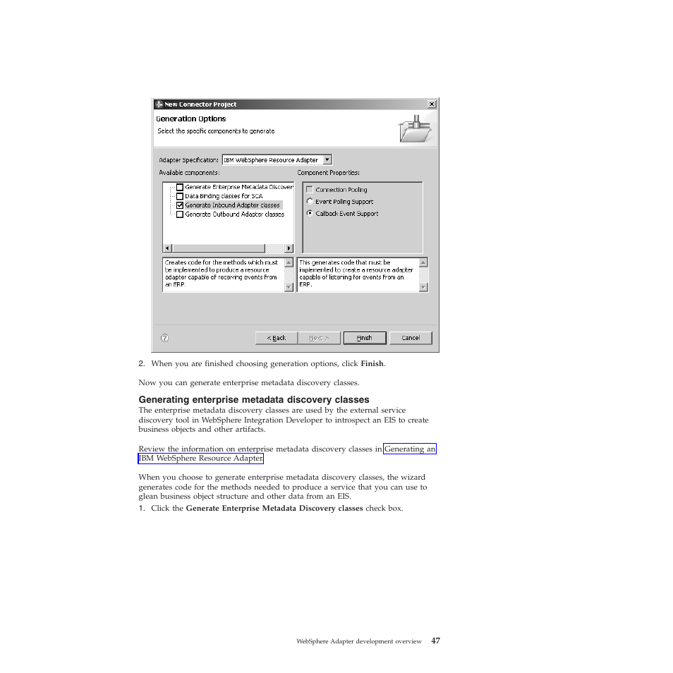 Generating enterprise metadata discovery classes | IBM WebSphere Adapters User Manual | Page 53 / 226