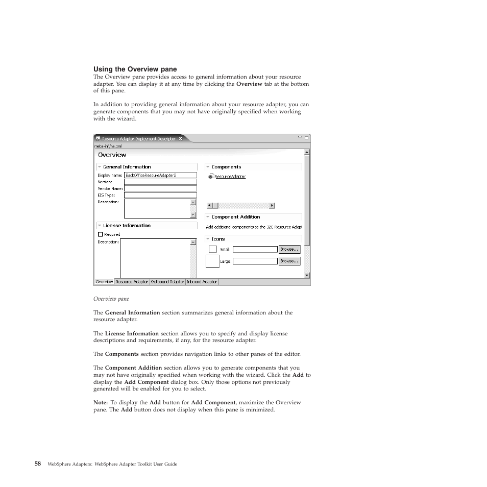 Using the overview pane | IBM WebSphere Adapters User Manual | Page 64 / 226