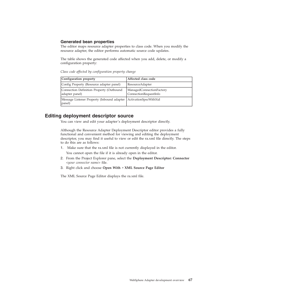 Generated bean properties, Editing deployment descriptor source | IBM WebSphere Adapters User Manual | Page 73 / 226