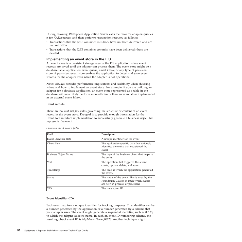 Implementing an event store in the eis | IBM WebSphere Adapters User Manual | Page 88 / 226