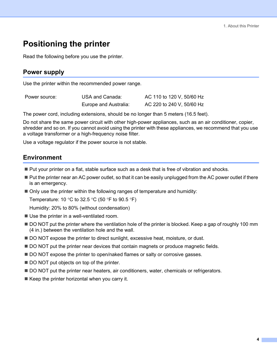 Positioning the printer, Power supply, Environment | Power supply environment | IBM HL-5250DN User Manual | Page 12 / 139