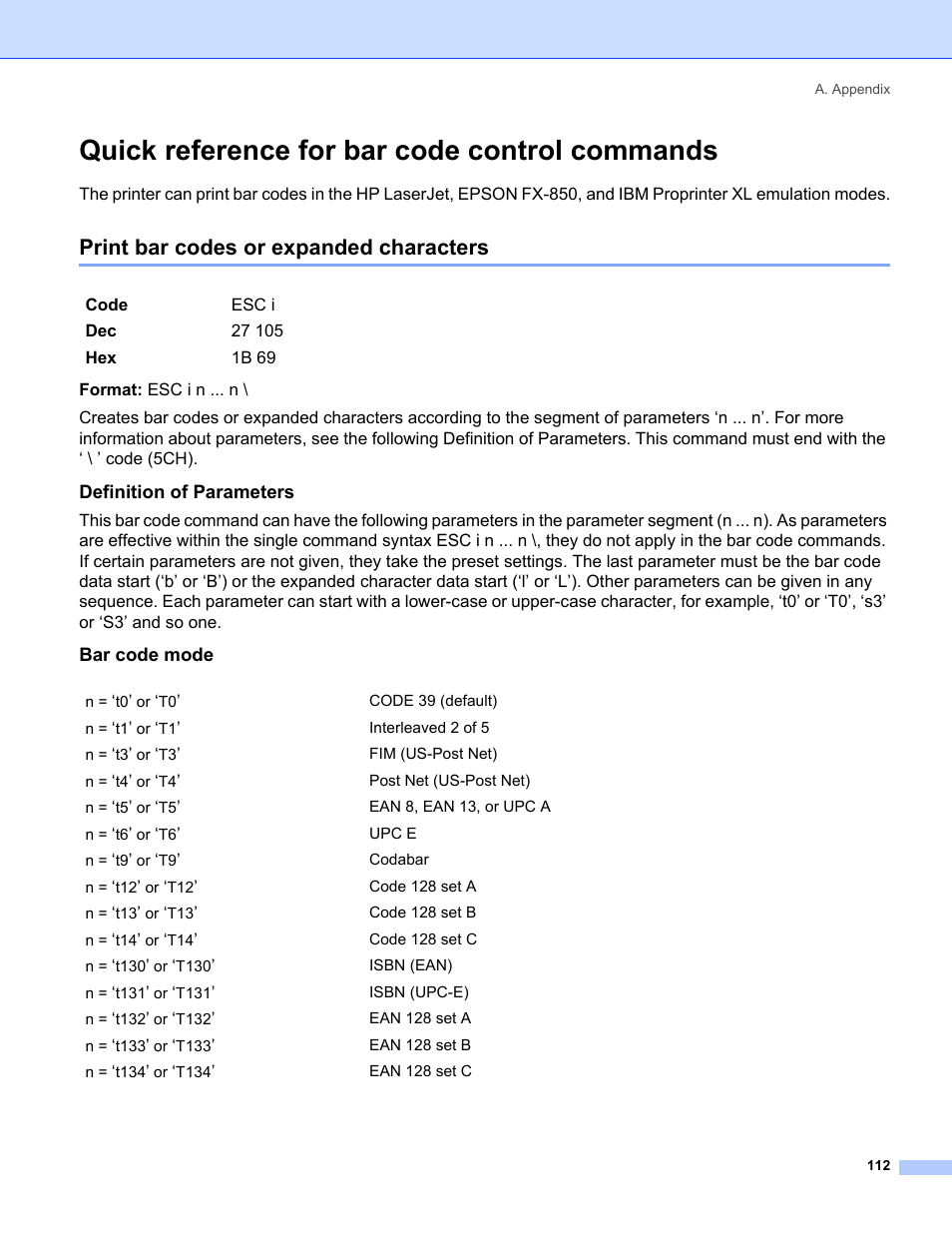 Quick reference for bar code control commands, Print bar codes or expanded characters, Definition of parameters | Bar code mode | IBM HL-5250DN User Manual | Page 120 / 139