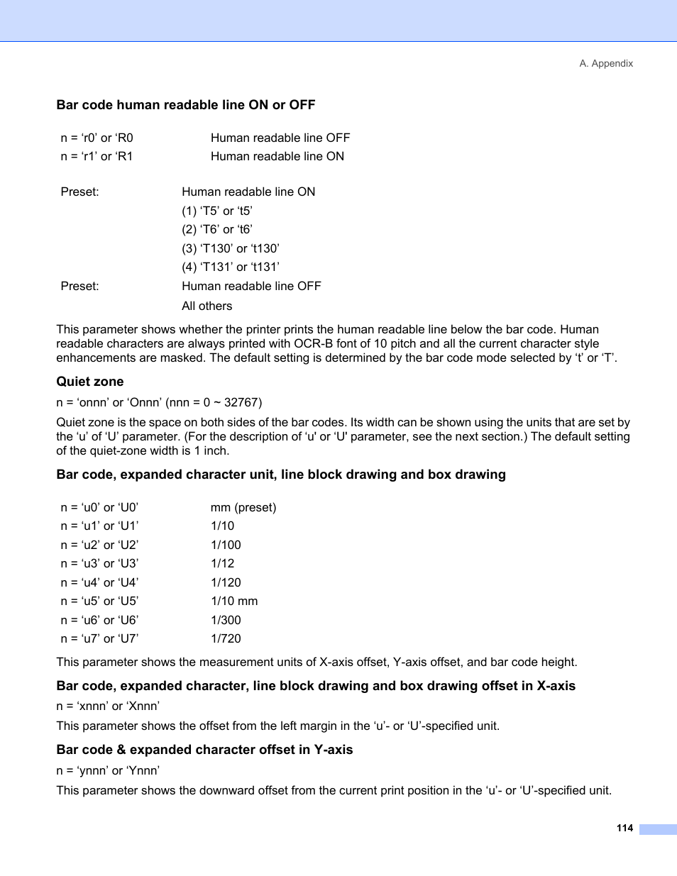 Bar code human readable line on or off, Quiet zone, Bar code & expanded character offset in y-axis | IBM HL-5250DN User Manual | Page 122 / 139