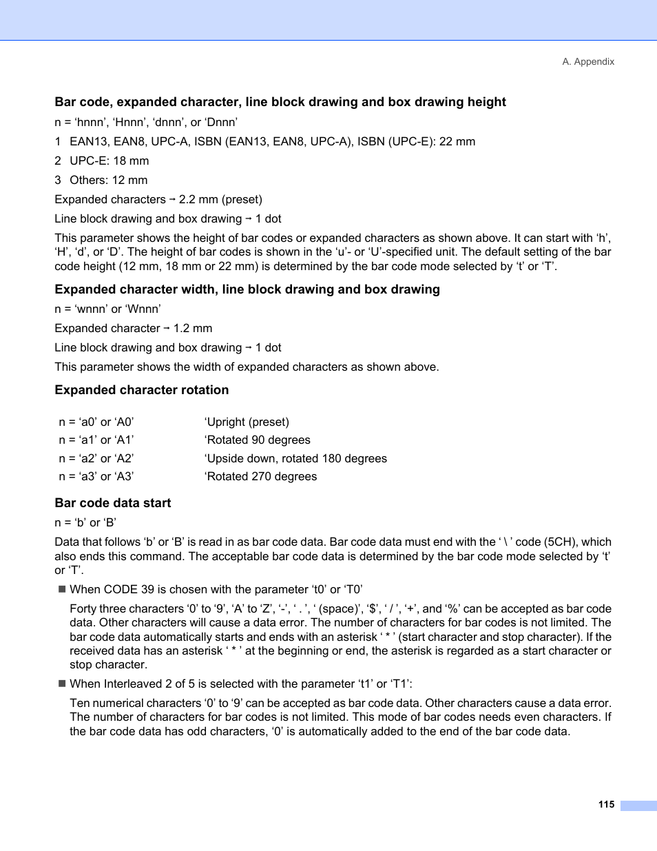 Expanded character rotation, Bar code data start | IBM HL-5250DN User Manual | Page 123 / 139