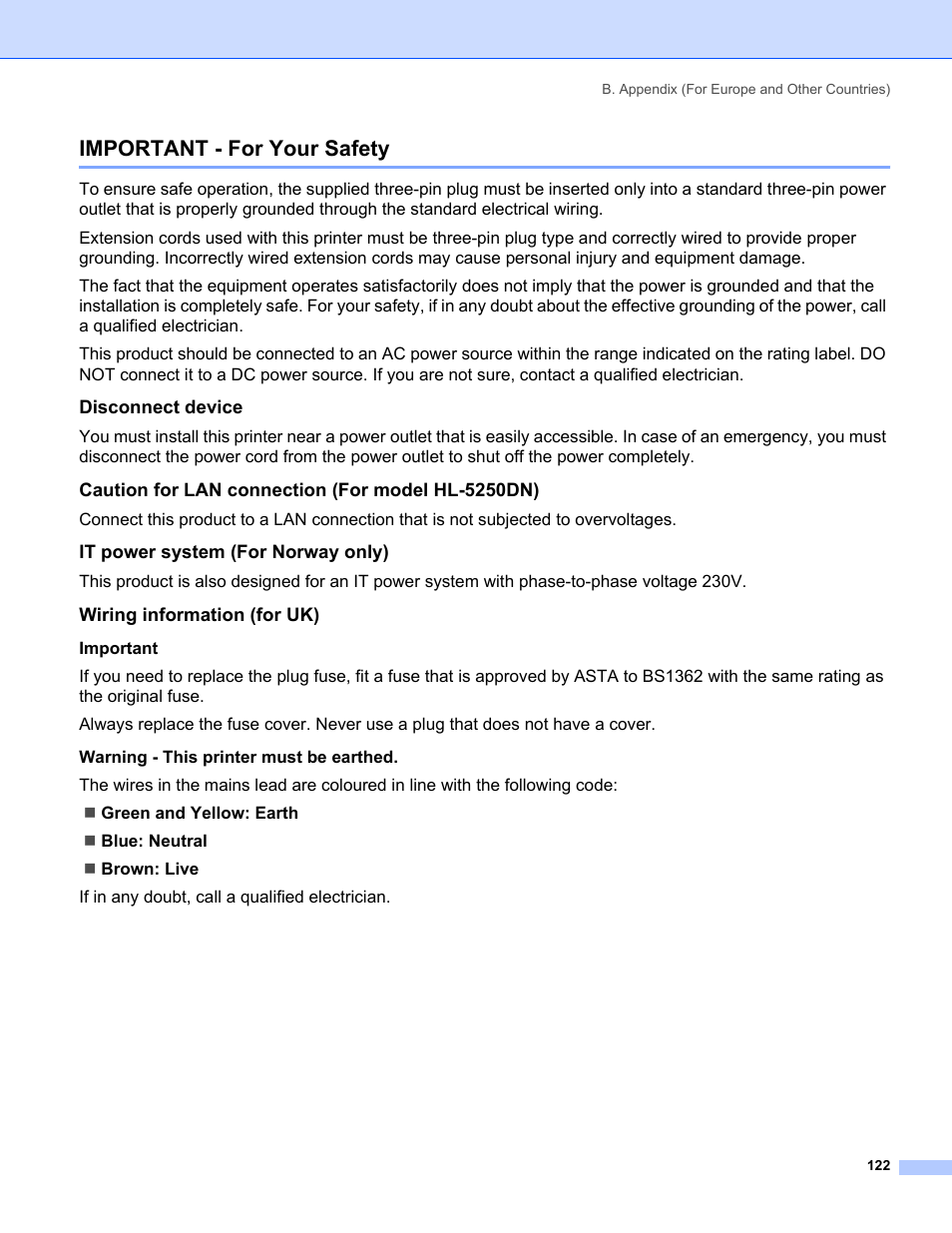 Important - for your safety, Disconnect device, Caution for lan connection (for model hl-5250dn) | It power system (for norway only), Wiring information (for uk) | IBM HL-5250DN User Manual | Page 130 / 139