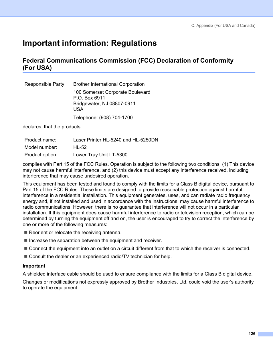 Important information: regulations, For usa) | IBM HL-5250DN User Manual | Page 134 / 139