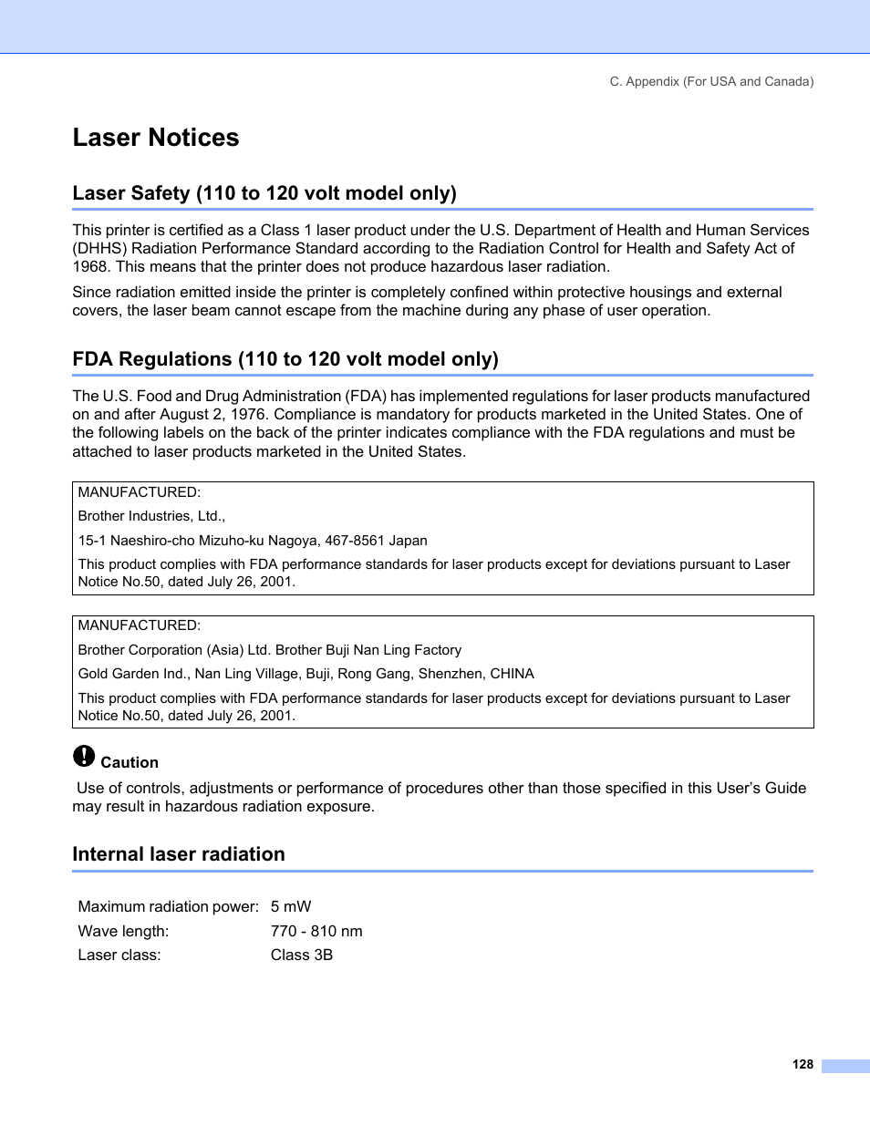 Laser notices, Laser safety (110 to 120 volt model only), Fda regulations (110 to 120 volt model only) | Internal laser radiation | IBM HL-5250DN User Manual | Page 136 / 139