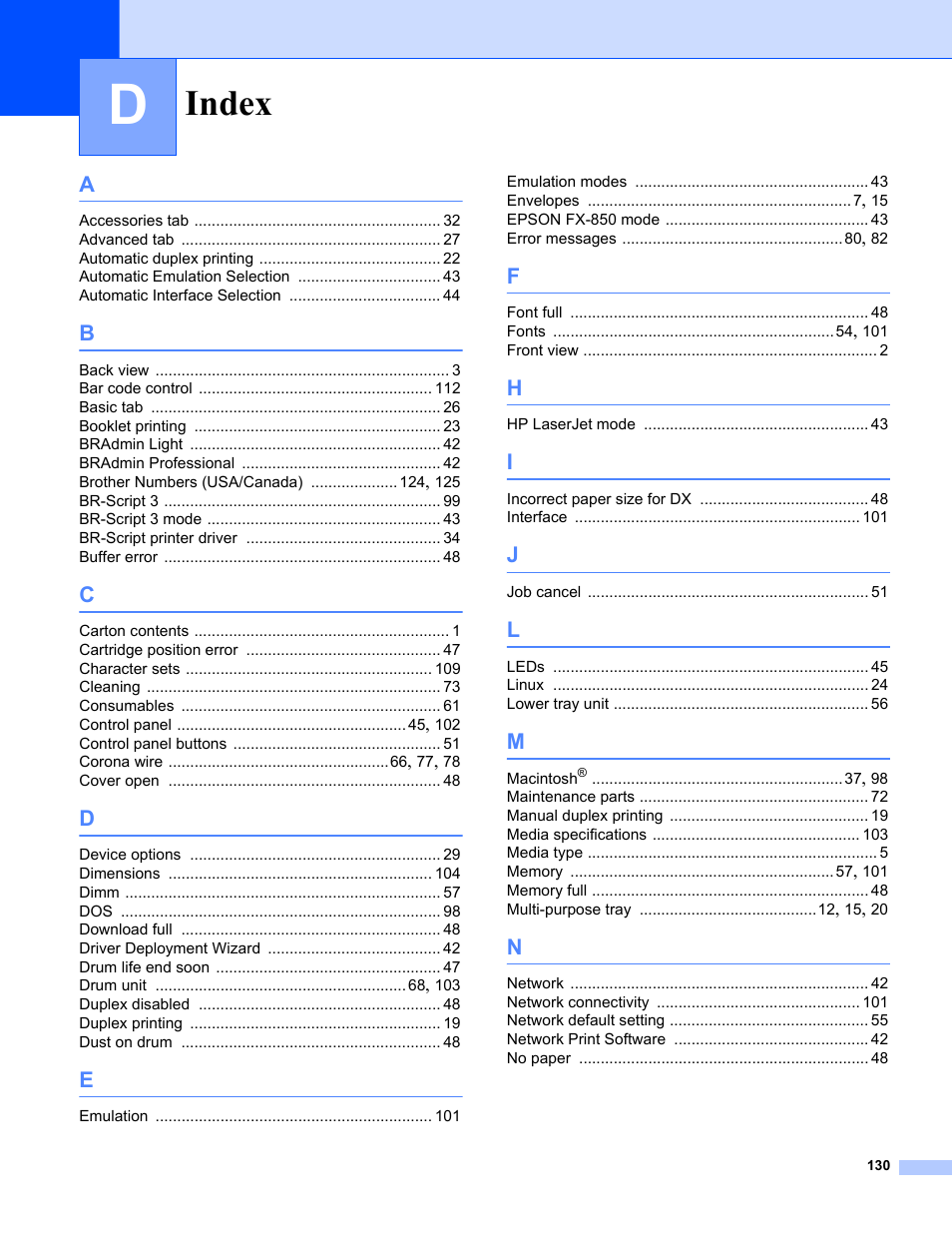 Index | IBM HL-5250DN User Manual | Page 138 / 139