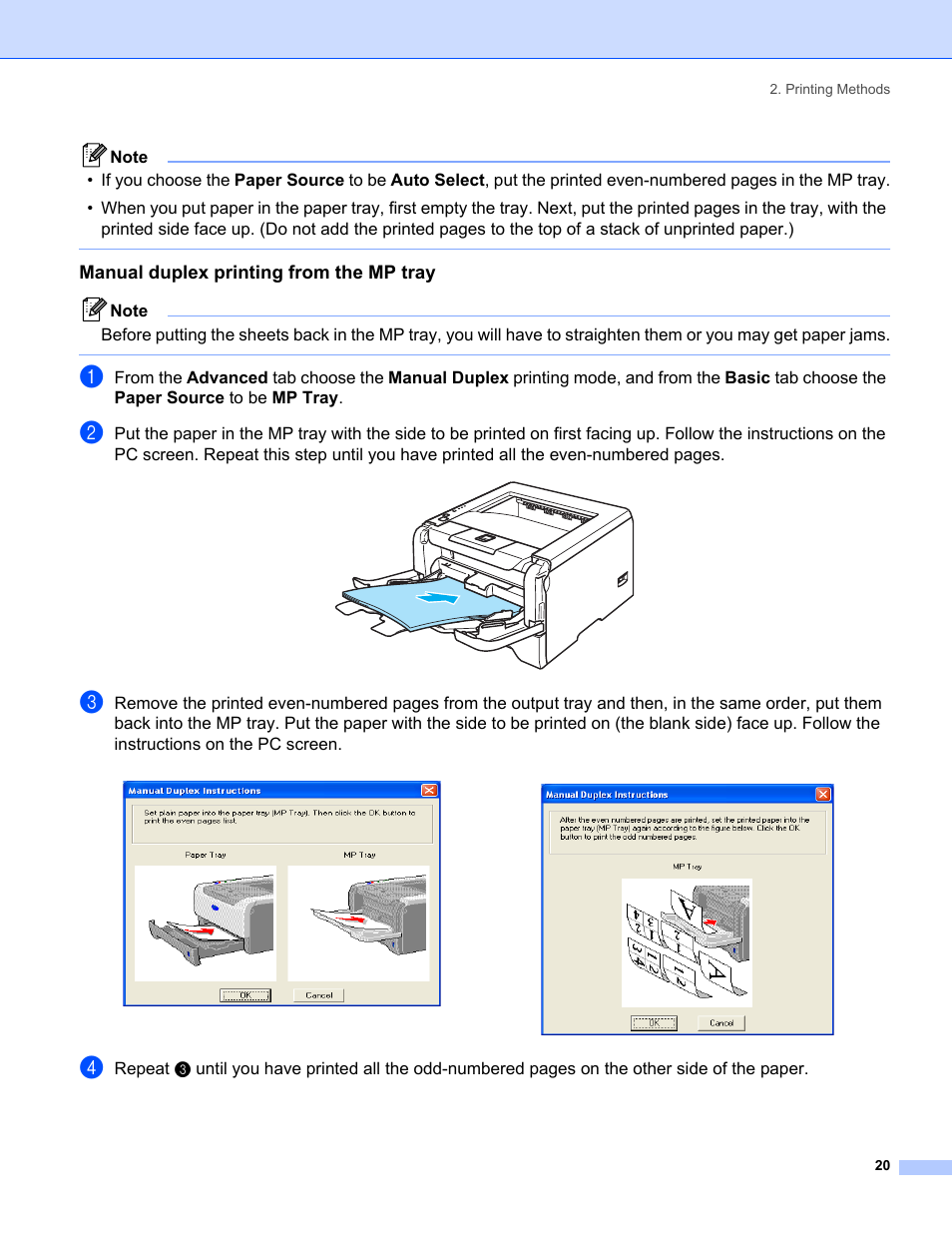 Manual duplex printing from the mp tray 2 | IBM HL-5250DN User Manual | Page 28 / 139