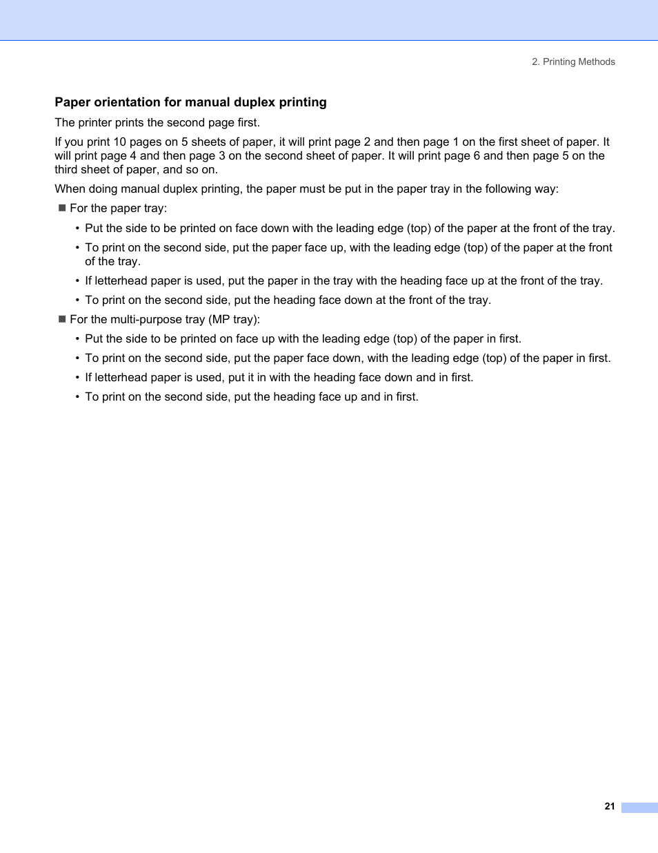 Paper orientation for manual duplex printing 2 | IBM HL-5250DN User Manual | Page 29 / 139