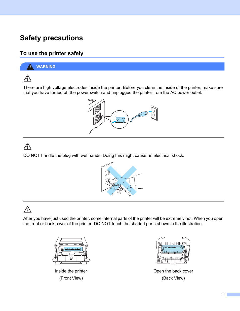 Safety precautions, Inside the printer (front view), Open the back cover (back view) | Warning | IBM HL-5250DN User Manual | Page 3 / 139